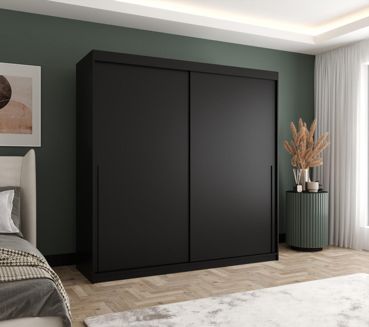 SCHIEBETÜRENSCHRANK 200 cm Breite, schwarz, mit schwarzem Griff - Schwarz, Holzwerkstoff (200/200/62cm) - Home Collective