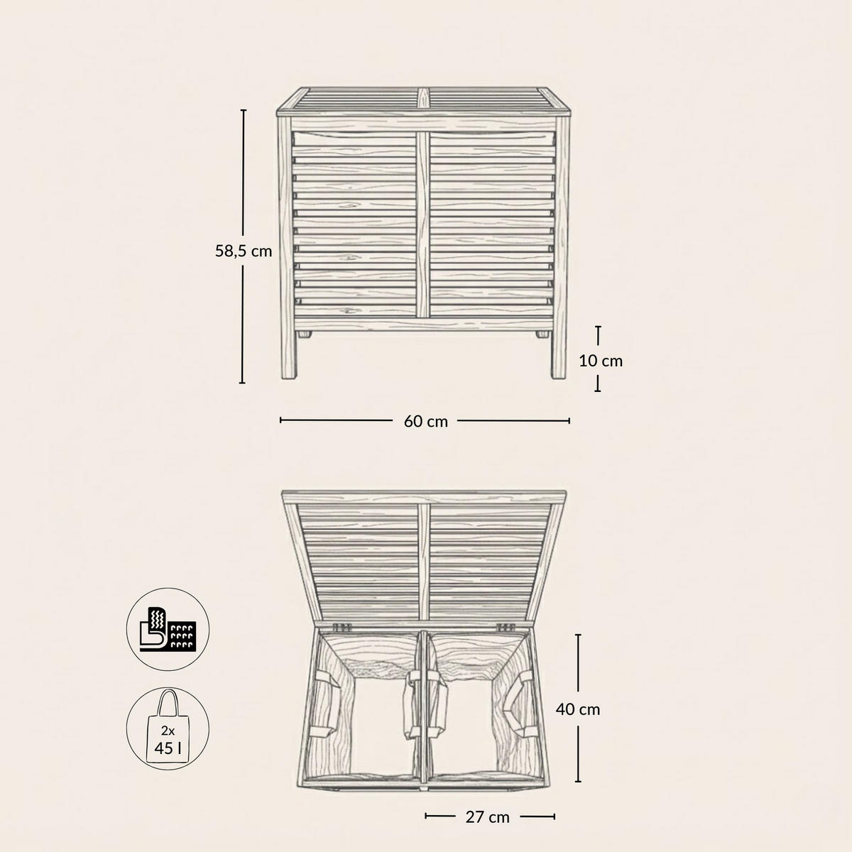 WÄSCHEKORB Moa 90l - Beige, Naturmaterialen (40/58.5/60cm)