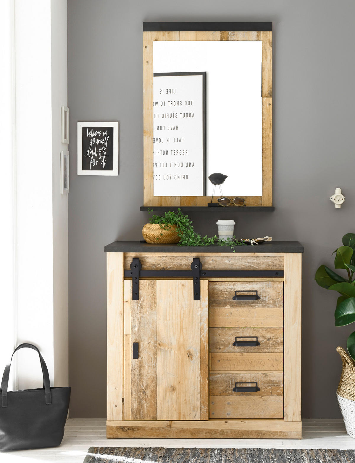 KOMMODE Used Wood hell, anthrazit, Sideboard mit Soft-Close - Anthrazit/Schwarz, Holzwerkstoff/Metall (93/91/43cm) - Furn.Design