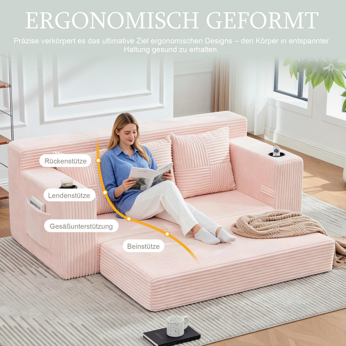 2-SITZER Bodensofa ausklappbar, Getränkehalter/Seitentaschen, Cord, Rosa - Rosa, Textil (172/64/87cm) - LVHOM
