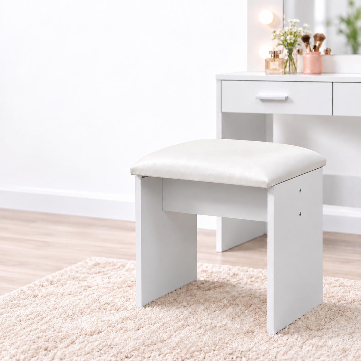 MASA-TOALETĂ albă cu taburet oglindă LED - alb, sticlă/compozit lemnos (80/140/40cm) - Relaxdays