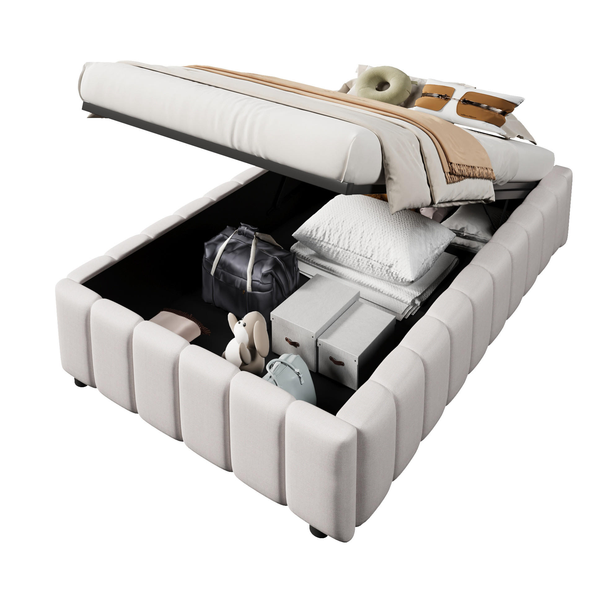 POLSTERBETT 90/200 cm Beige aus Leinen mit hydraulischem Stauraum - Beige, Textil (90/200cm) - OKMYHOME