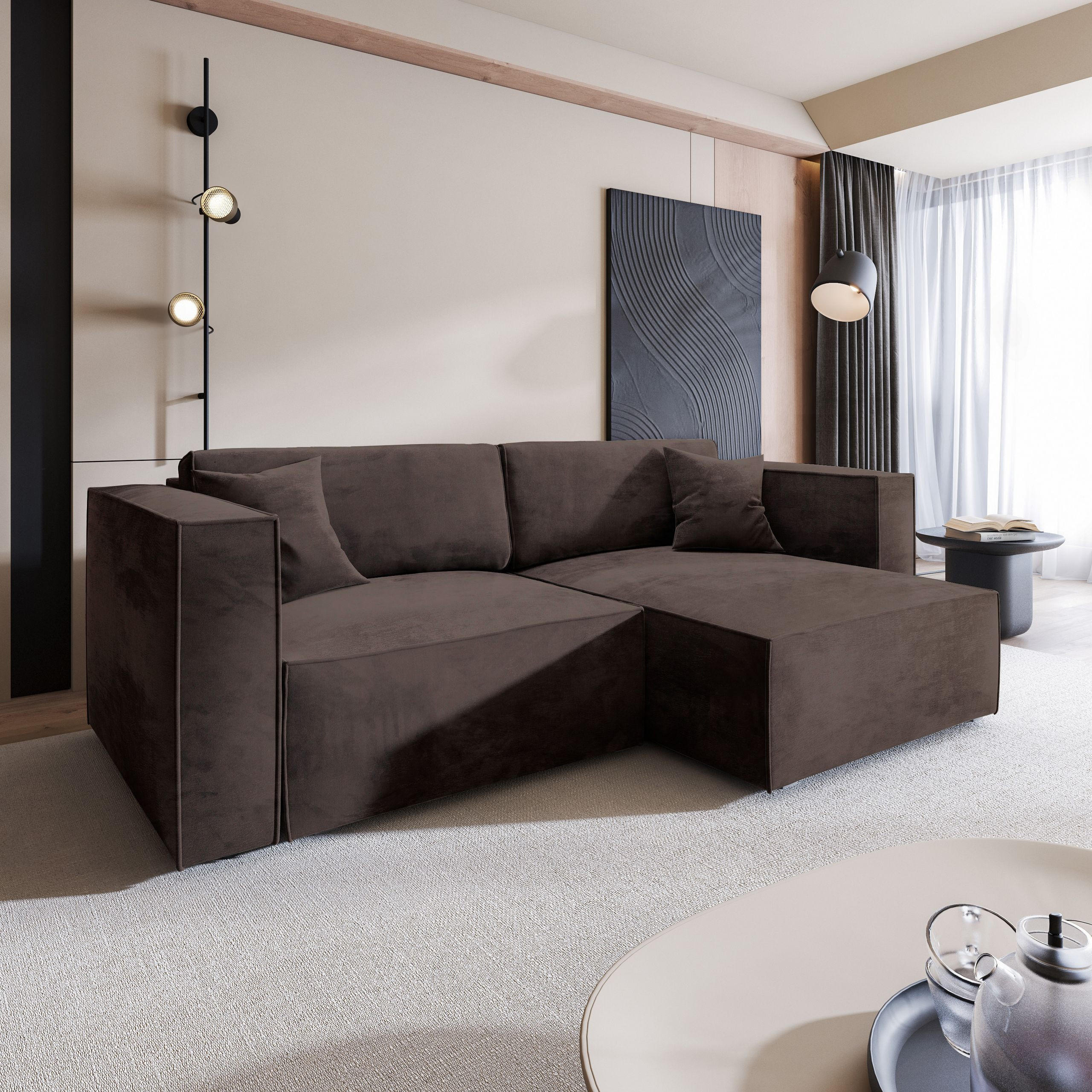 ECKSOFA NERIO M Braun Velours-Stoff mit Schlaffunktion - Braun, Holz (245/148cm) - MASSENO
