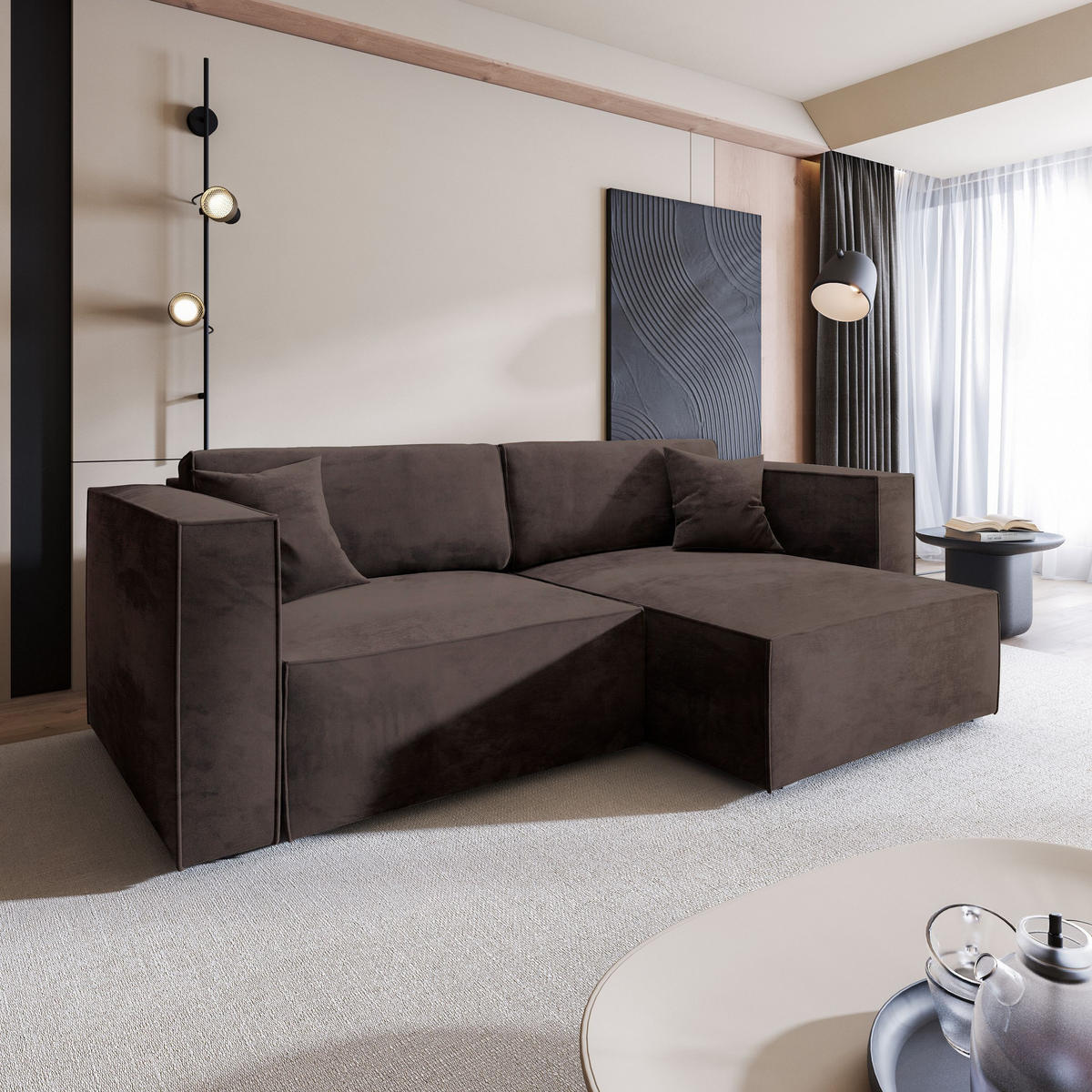 ECKSOFA NERIO M Braun Velours-Stoff mit Schlaffunktion - Braun, Holz (245/148cm) - MASSENO