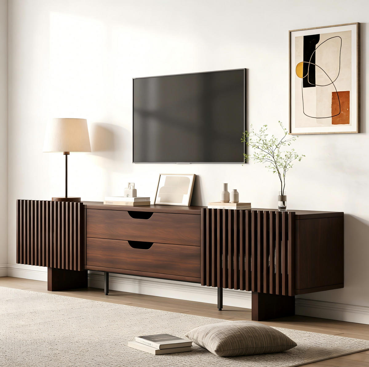 TV-LOWBOARD 180/40/45 cm mit 2 Schubladen, 2 Lamellentüren und Stauraum, Dunkle Walnussfarbe - Braun, Holzwerkstoff (180/45/40cm) - Redom
