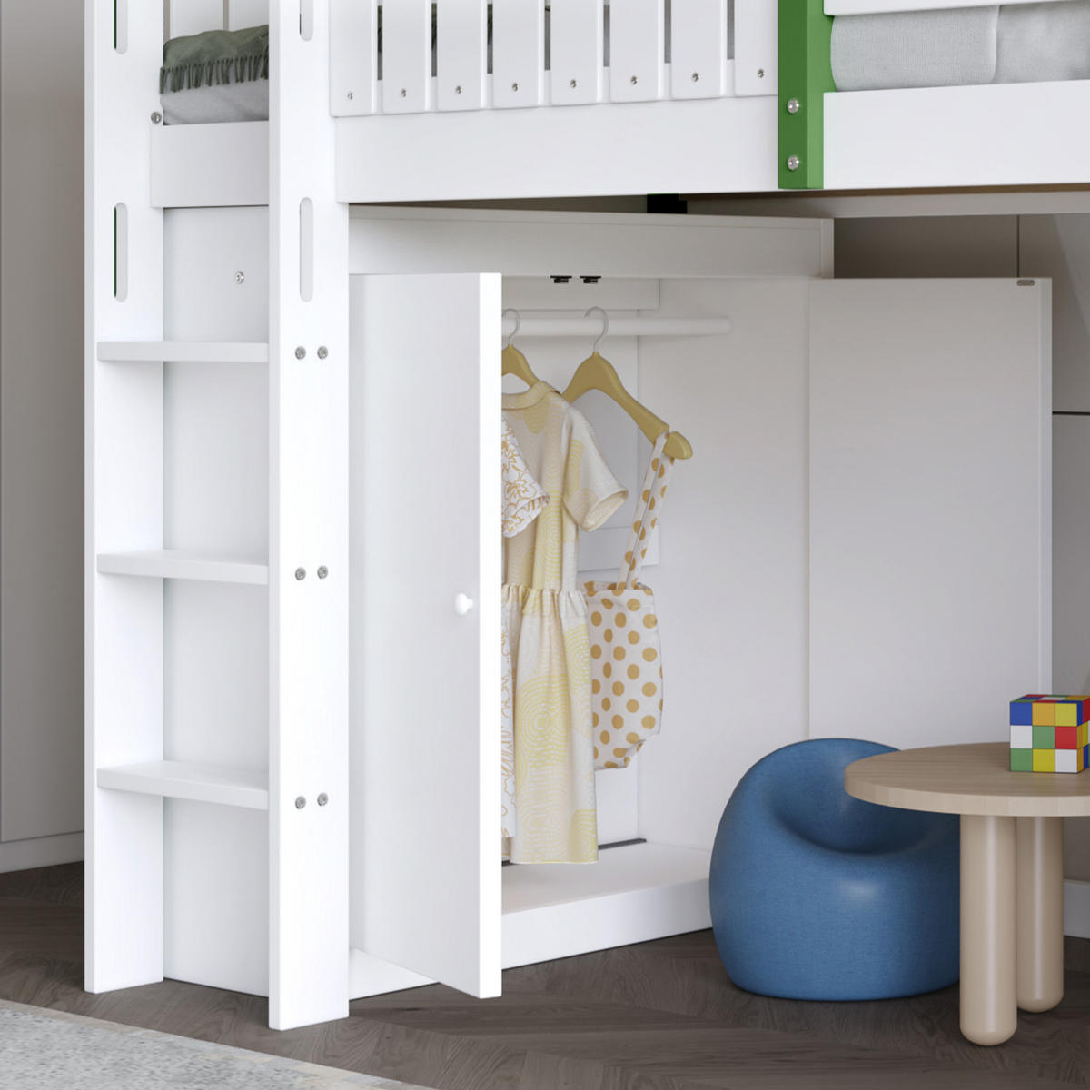 HOCHBETT, KINDERBETT Mit Leiter und Stauraum Grün und Weiß - Weiß/Grün, Holzwerkstoff - Urban Meuble