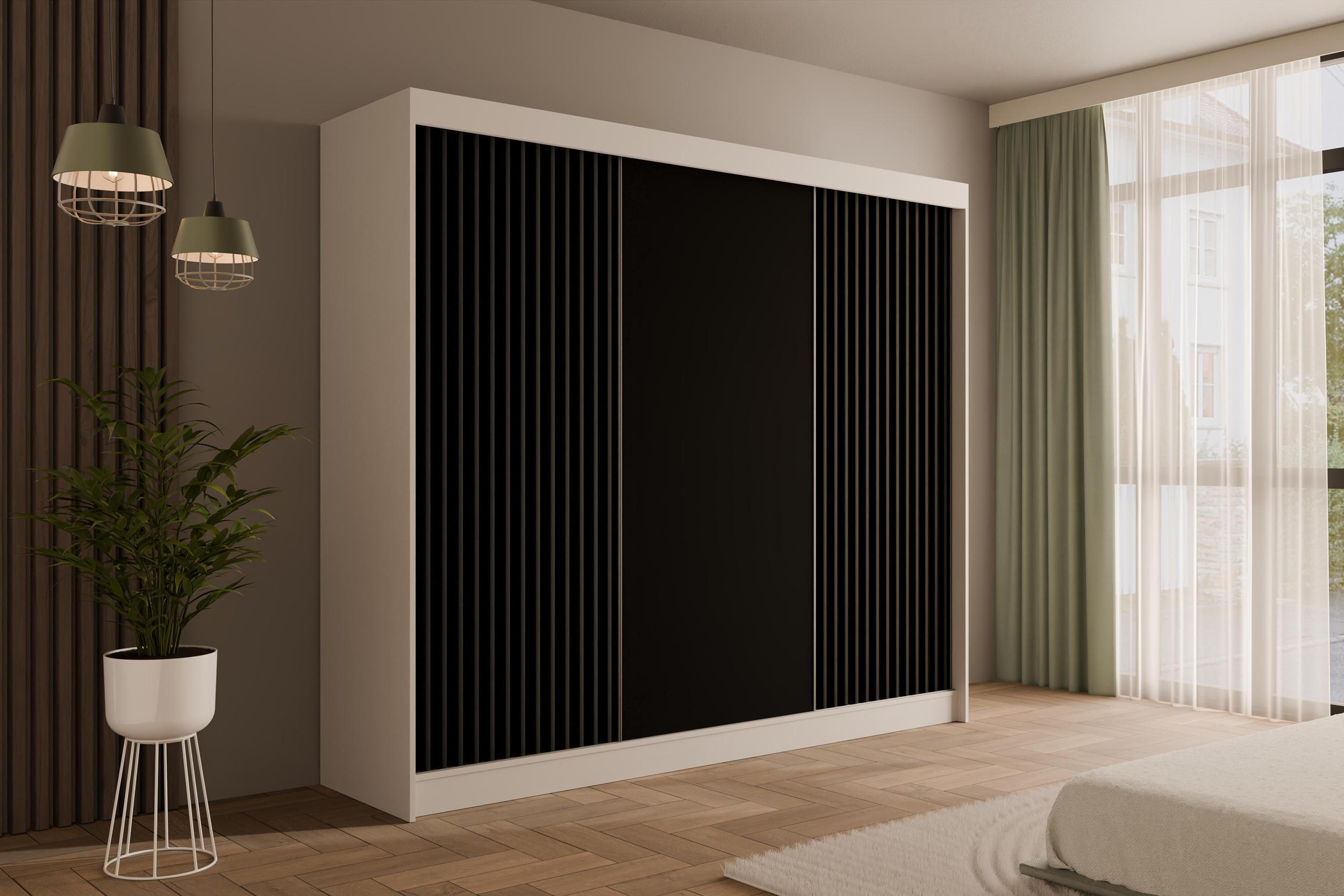 KLEIDERSCHRANK mit Lamel-Schiebetüren VILANv2 - 250 cm Weiß + Lamelle schwarz - Schwarz/Weiß, Holzwerkstoff (250/215/61cm) - ALTDECOR