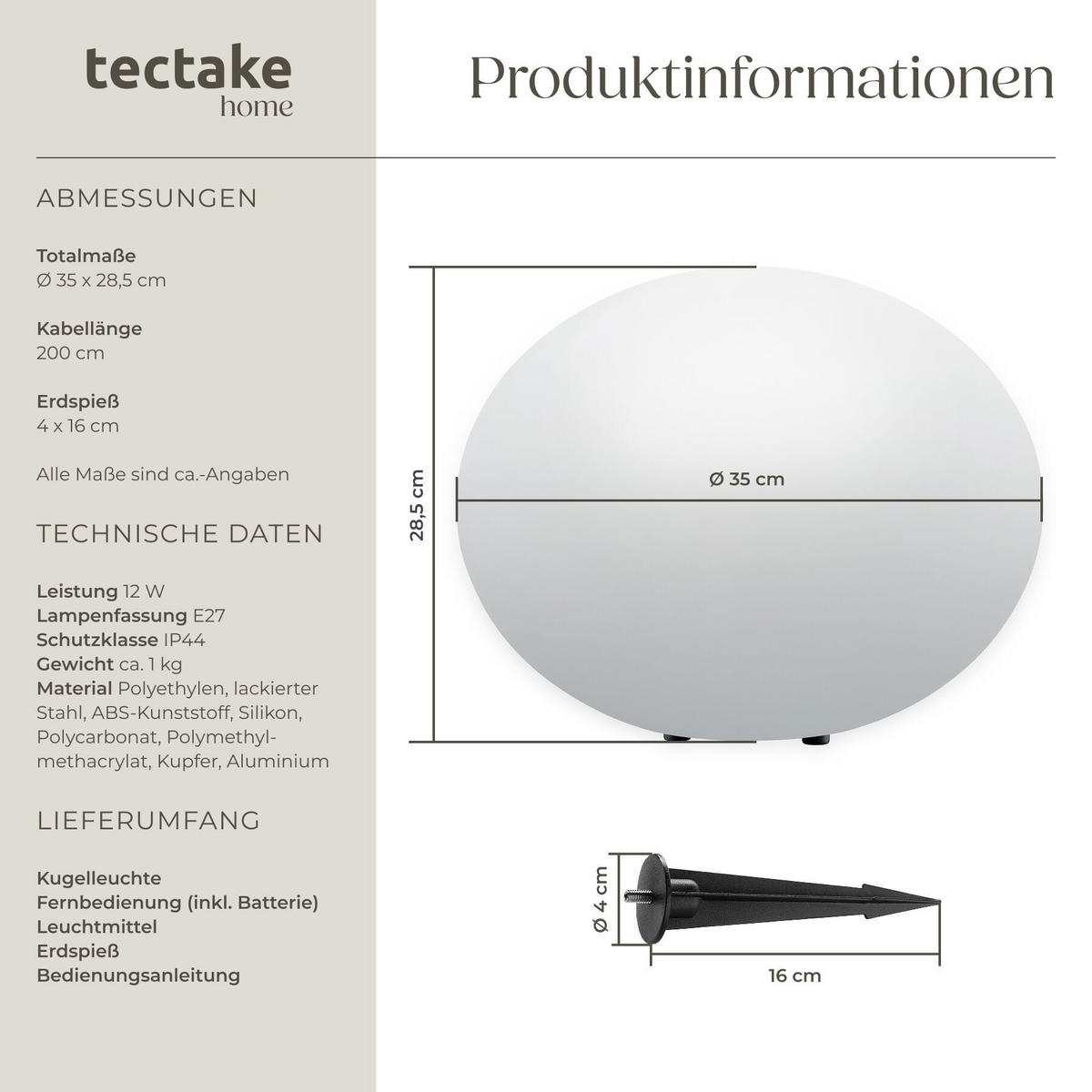 KUGELLEUCHTE Luminous Eye, inklusive Erdspieß, weiß - Weiß, Kunststoff (35/35/28.5cm) - tectake