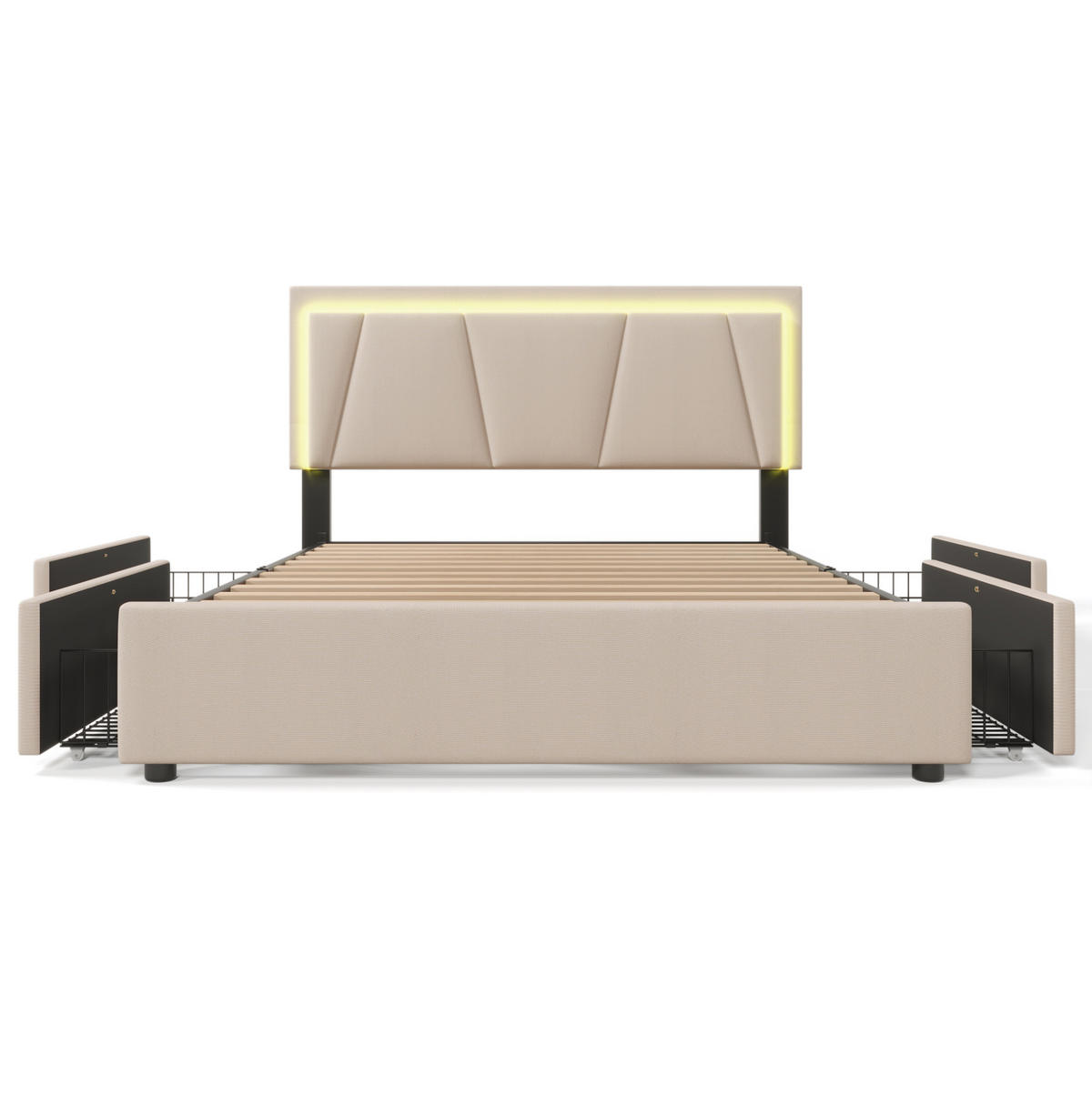 POLSTERBETT 160/200 cm mit LED-Beleuchtung, 4 Schubladen und verstellbarem Kopfteil, Beige - Beige, Holz (160/160cm) - Redom