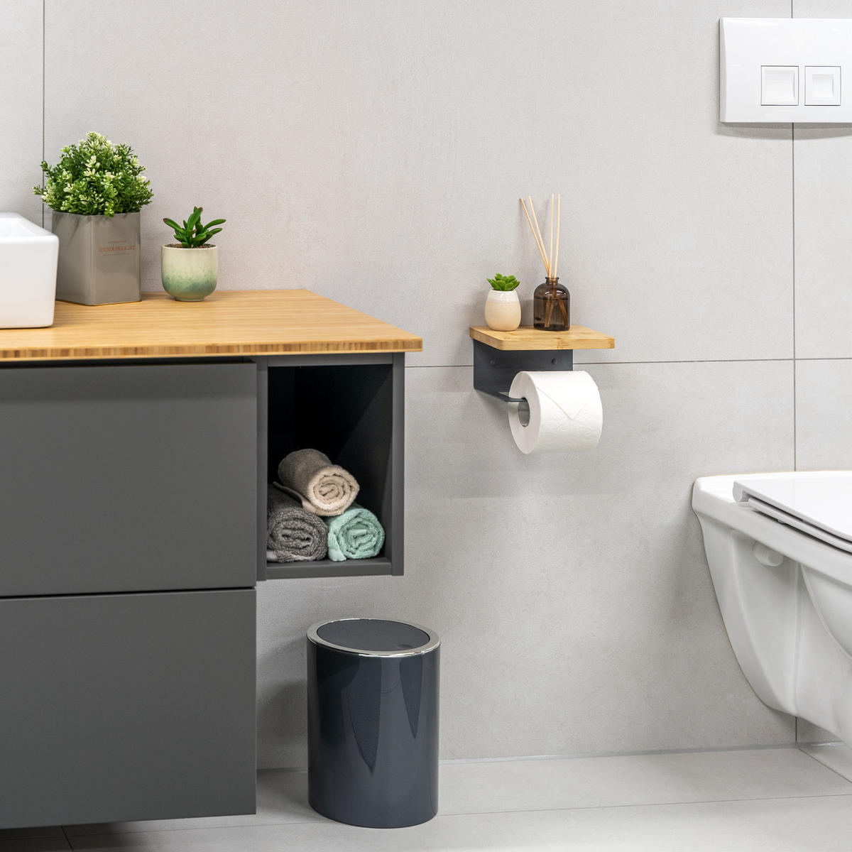 TOILETTENPAPIERHALTER VARAZ mit Ablage, Metall und Bambus - Grau, Metall (18/9.5/13cm) - eluno