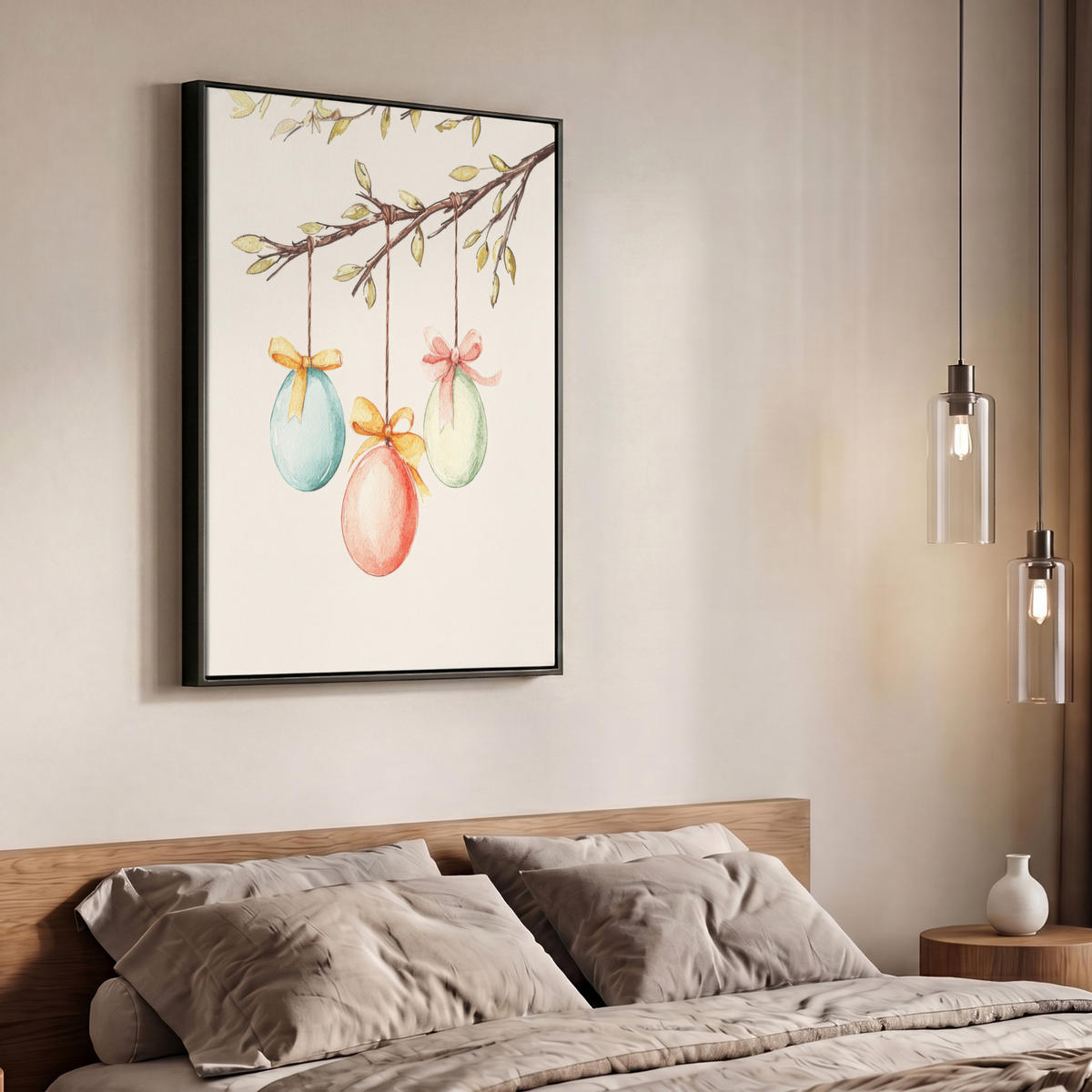 LEINWAND Bilder mit Rahmen - Osterkuchen - Schleife - Eier - 70x100 - Creme, Textil (70/100cm) - MuchoWow
