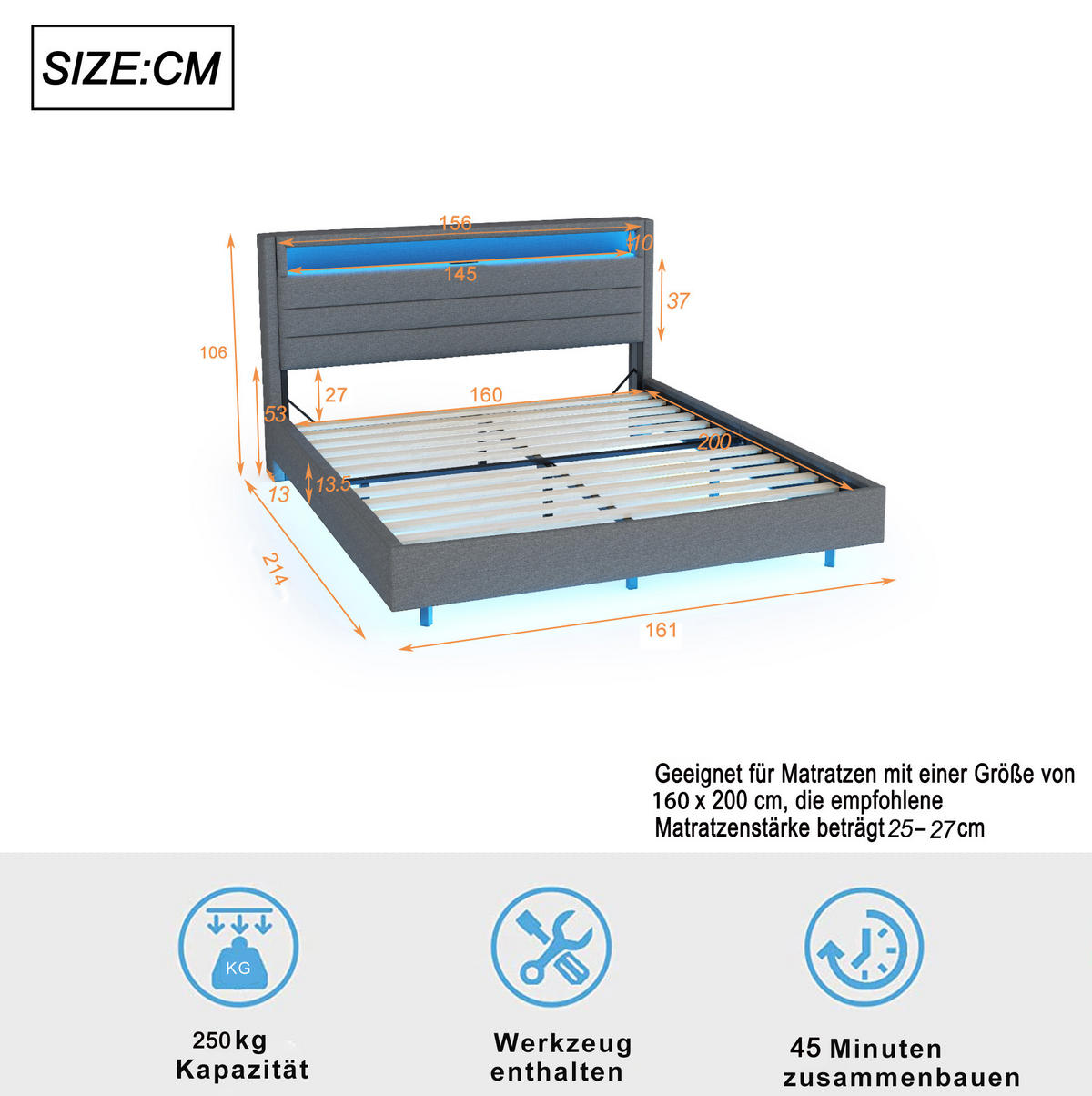 POLSTERBETT 160/200 cm grau aus Stoff mit LED-Beleuchtung und USB-Steckdose - Grau, Textil (160/200cm) - OKMYHOME