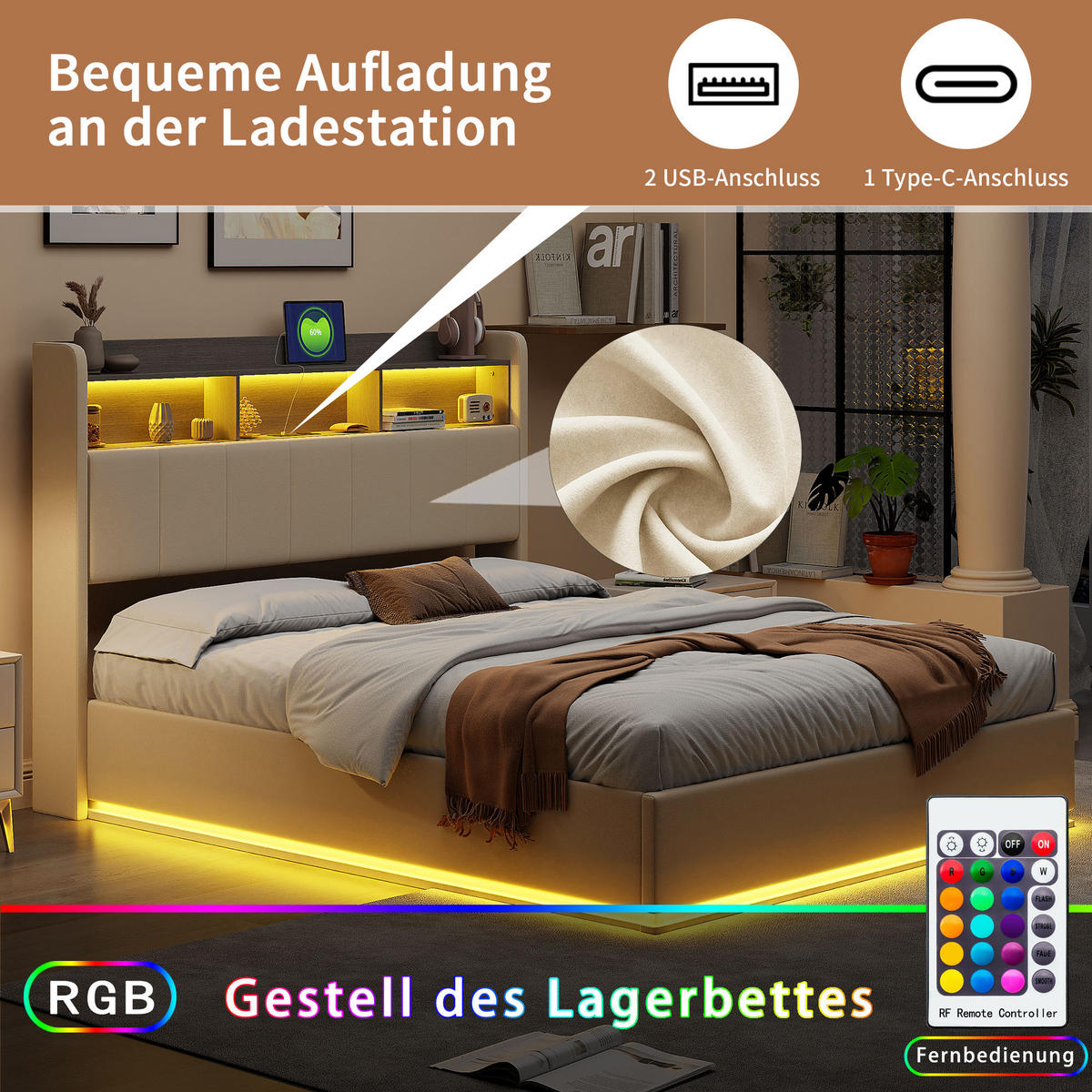 POLSTERBETT 140x190 cm Beige mit LED, Stauraumkopfteil & USB-C - Beige, Holz (140/190cm)