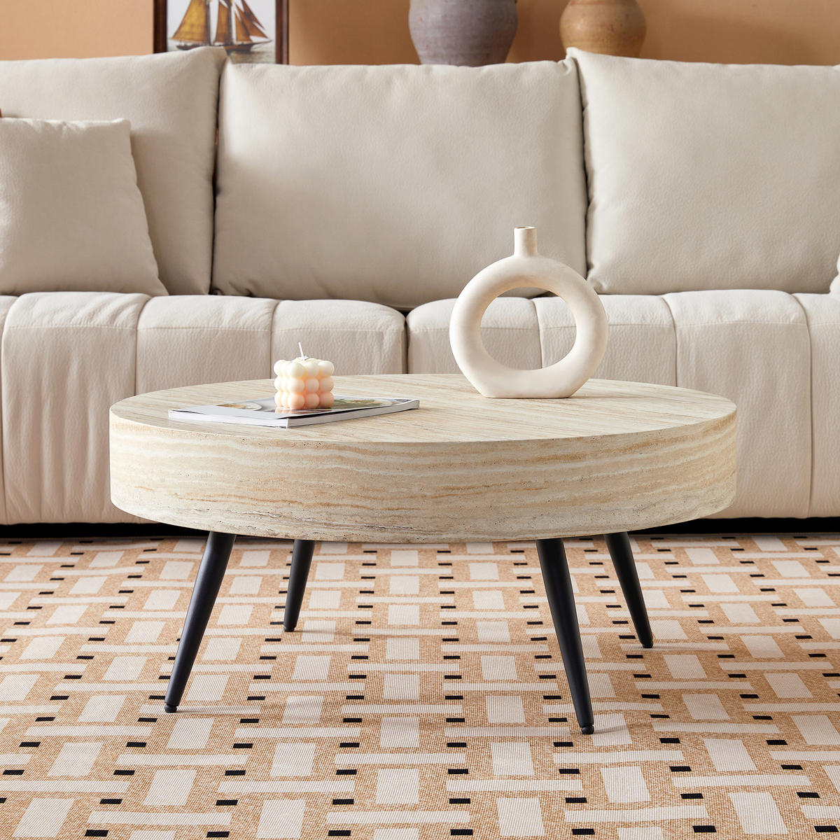 RUNDER COUCHTISCH Travertin-Optik - Naturfarben, Metall (70/70/35.5cm)