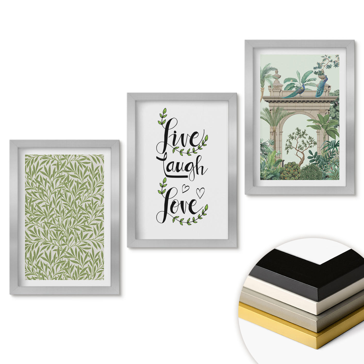 WANDBILDER 3er Set - 20x30 cm Silberner Rahmen - Grüne Blätter von Pflanzenarchitektur - Silberfarben, Kunststoff (20/30cm) - ArtPrintCave