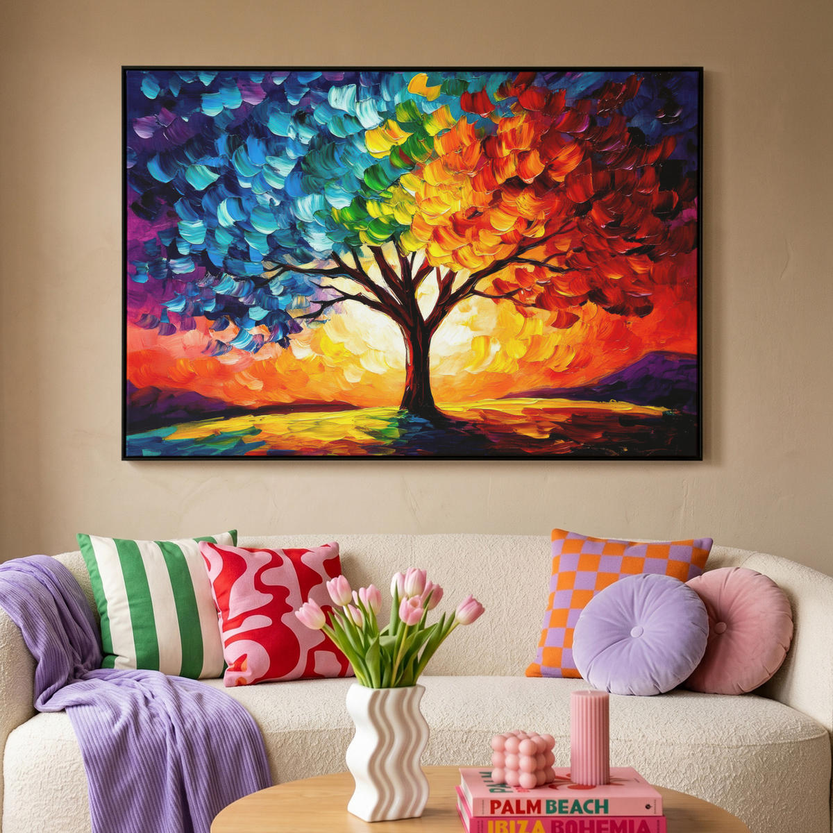 LEINWAND Bilder mit Rahmen - Baum - Kunst - Natur - Sonnenuntergang - 140x90 - Multicolor, Textil (140/90cm) - MuchoWow