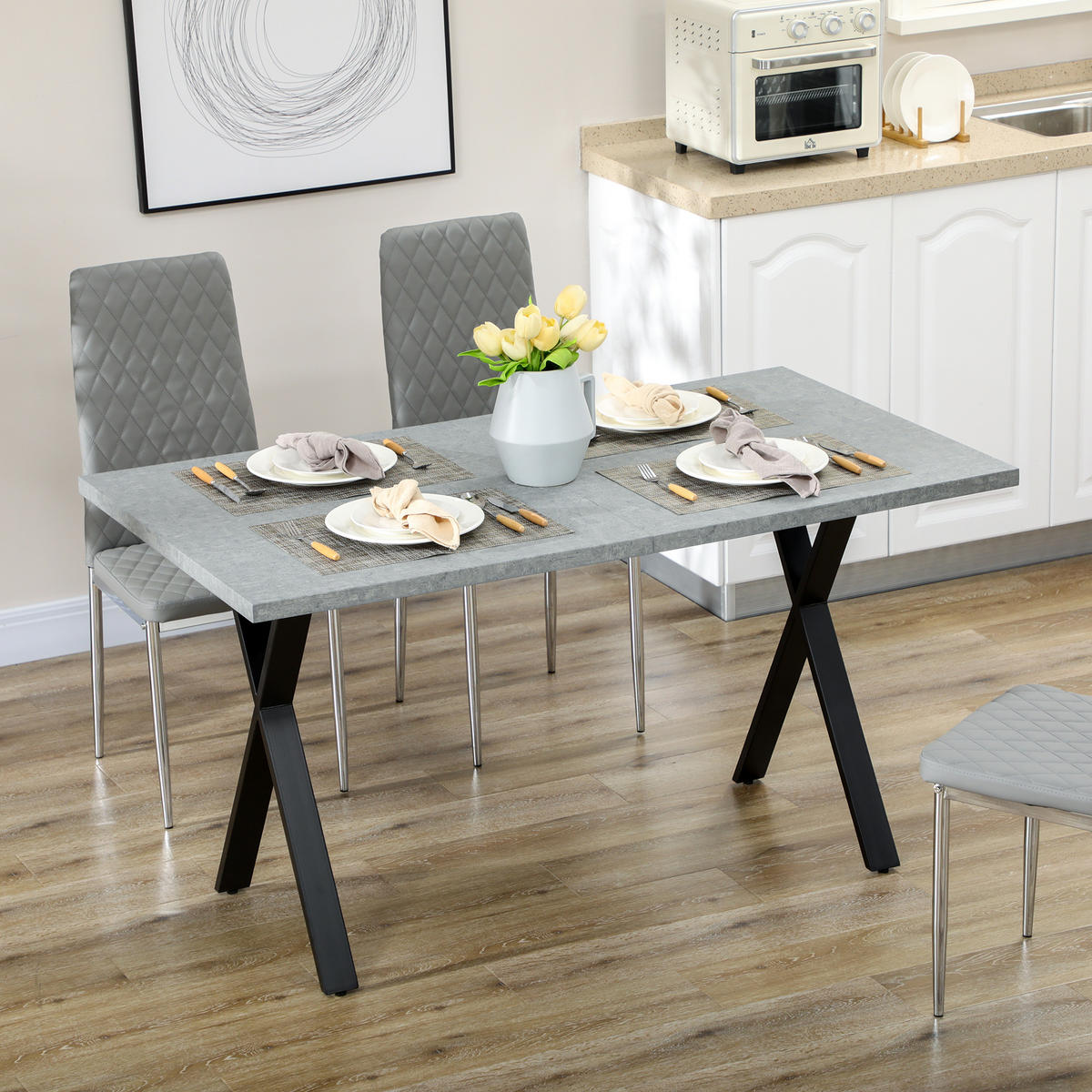 ESSTISCH, MDF, Stahl, Grau - Grau, Kunststoff (140/80/76cm) - HOMCOM