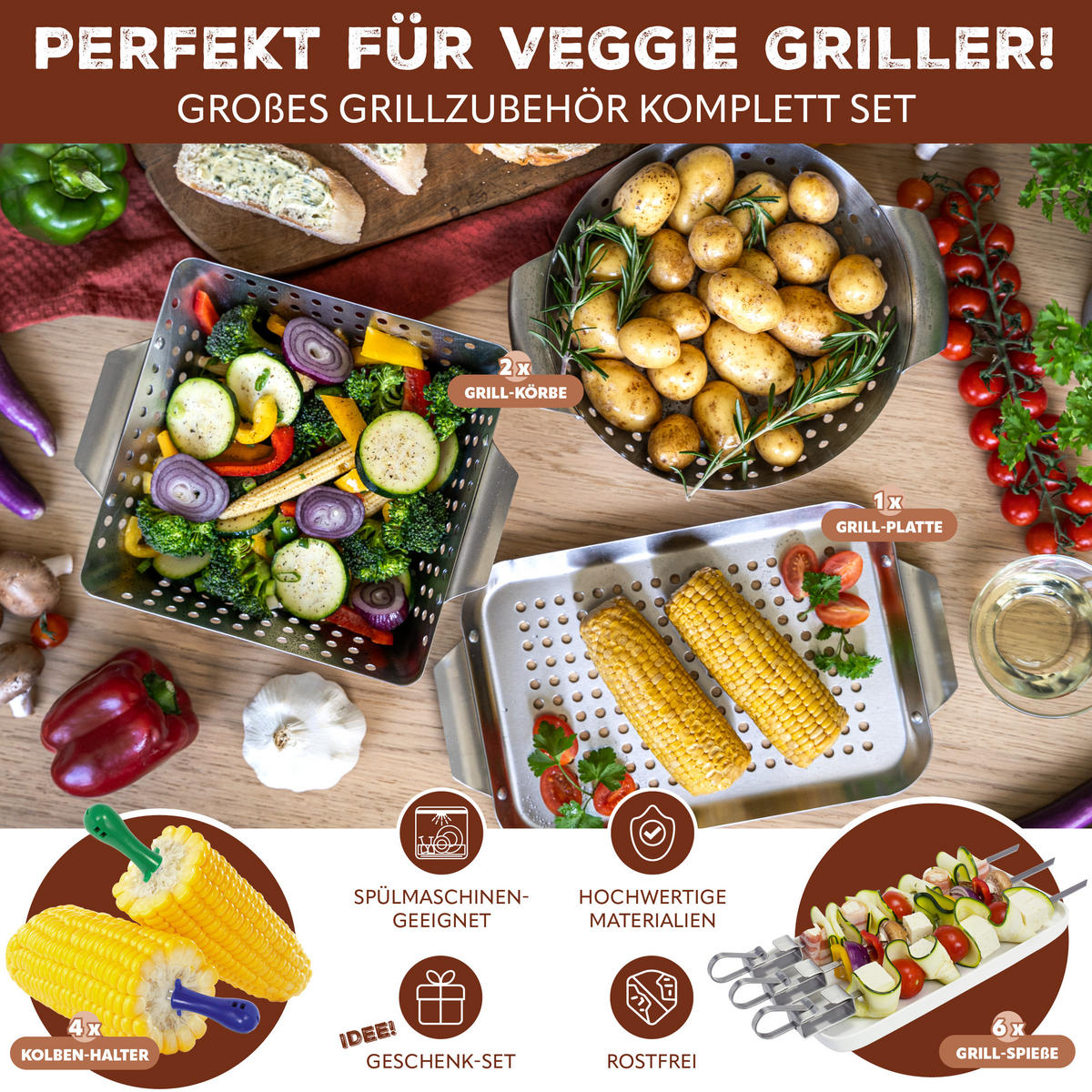 VEGGIE-GRILL-SET 13tlg. - Edelstahlfarben, Metall (32/1.5/18.5cm) - bremermann