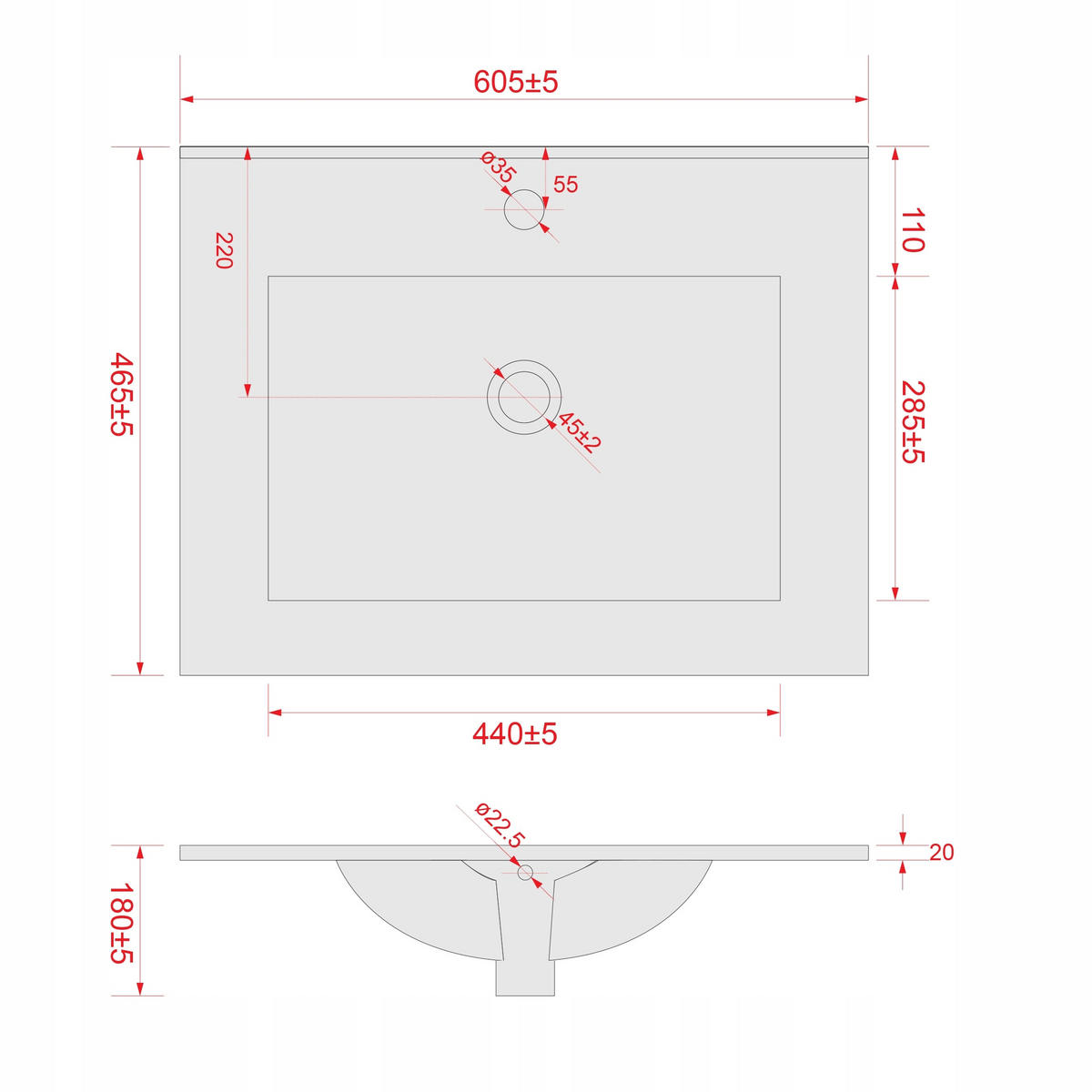 WASCHTISCHKOMBI 60cm mit Waschbecken schwarz - Schwarz, Holzwerkstoff (60/50/45cm) - Stamar