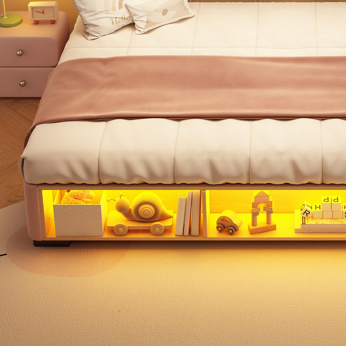 POLSTERBETT 140/200 mit LED-Seitenregal, offenem Stauraum und flexiblen Kopfstützen in Rosa - Rosa, Holzwerkstoff/Textil - EVRYAE