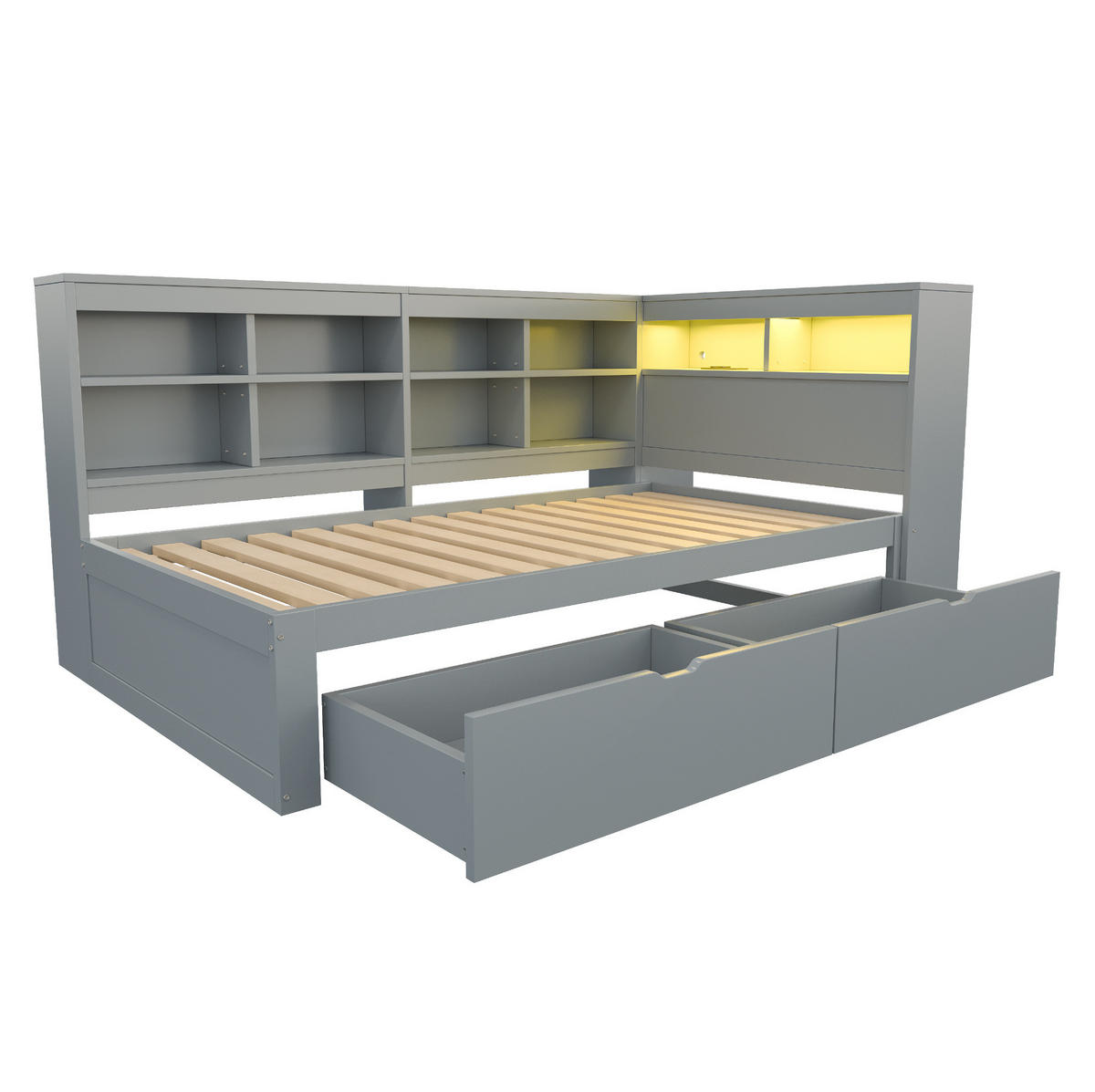 MULTIFUNKTIONSBETT 90/200 cm Grau mit Ablagefächern und USB-Steckdose mit LED-Beleuchtung - Grau, Holzwerkstoff (90/200cm) - OKWISH