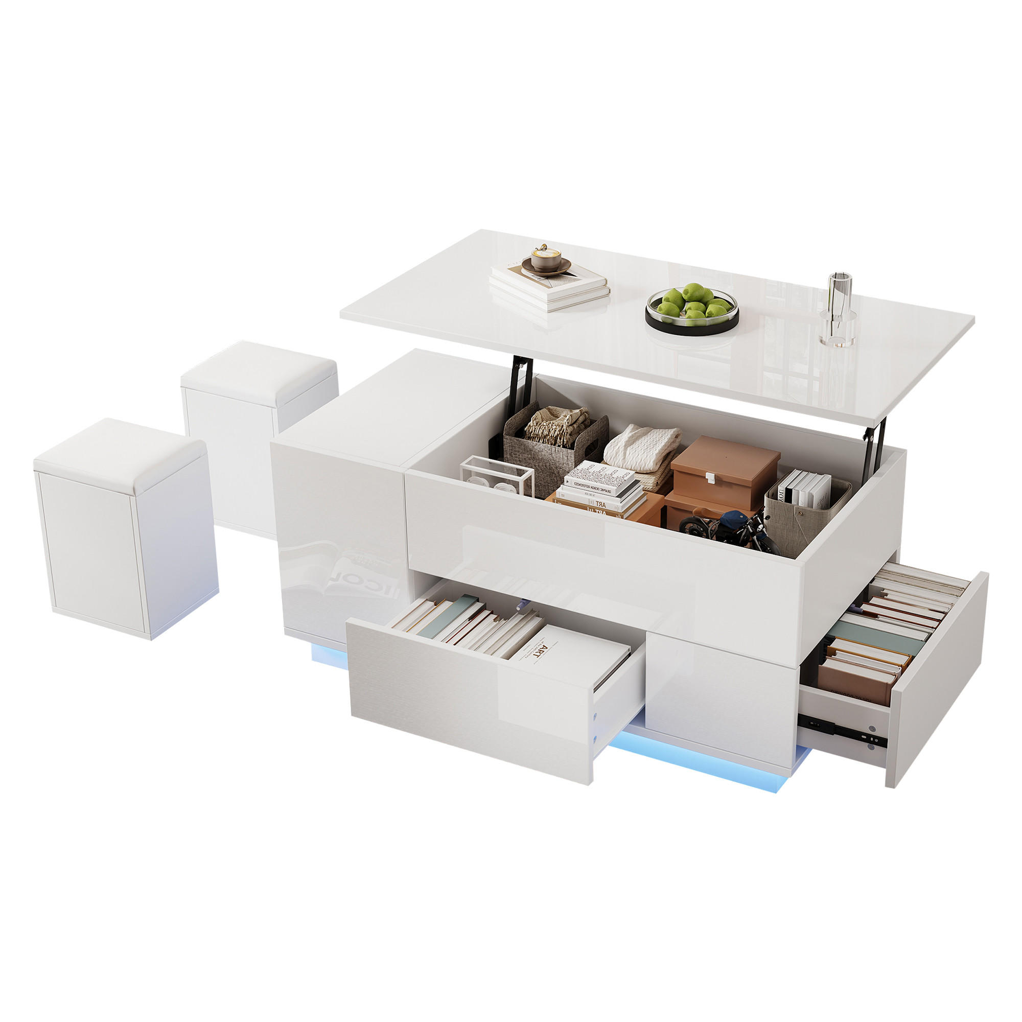 COUCHTISCH Weißer Hochglanz mit hydraulischer Hubfunktion, App-gesteuerter LED, Stauraum und zwei Ablagehockern 100 × 50 × 45 cm - Weiß, Holzwerkstoff (50/100/40cm) - Luhomfu