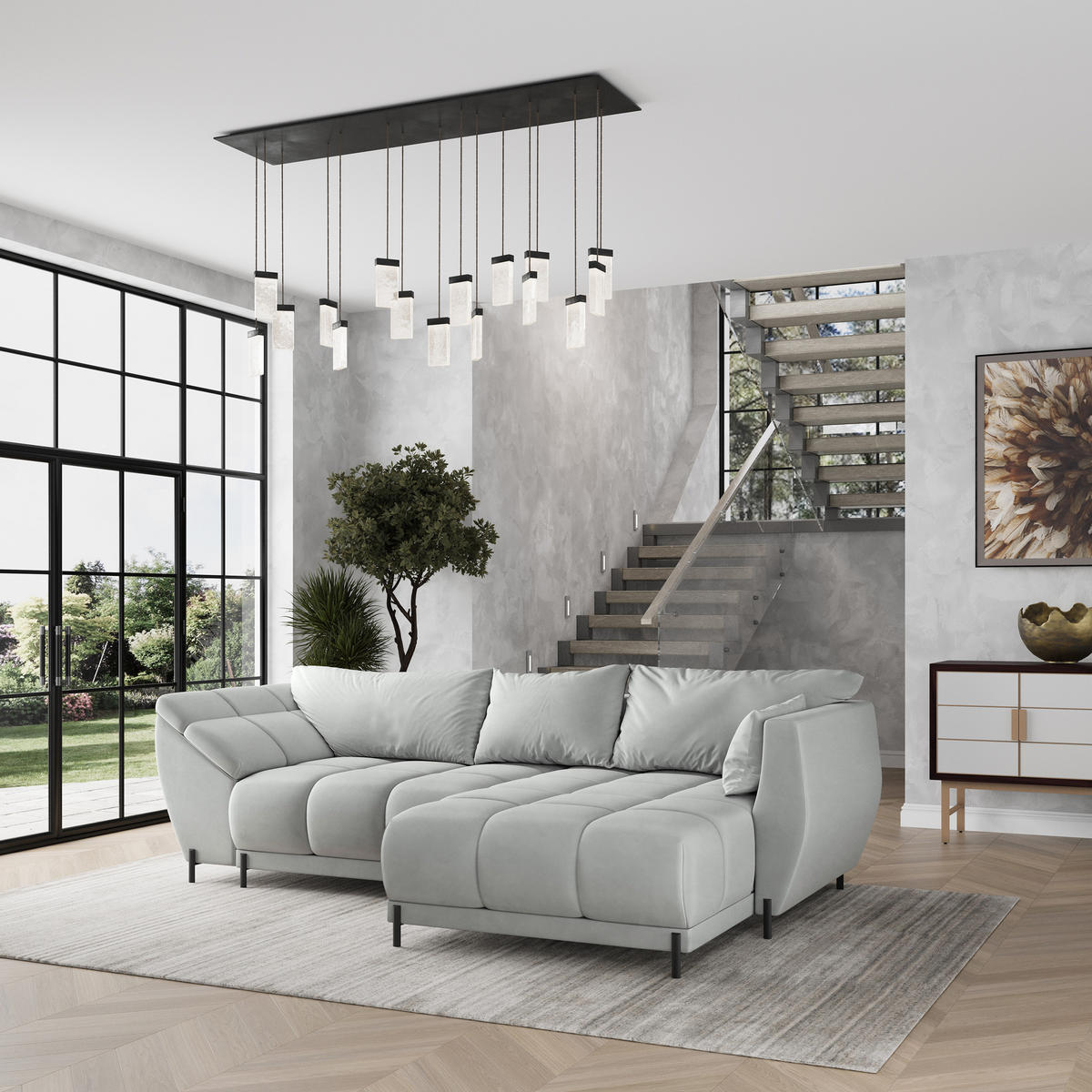 ECKSOFA VESTANO R-S Hellgrau Velours-Stoff mit Schlaffunktion - Hellgrau, Holz (287/182cm) - MASSENO