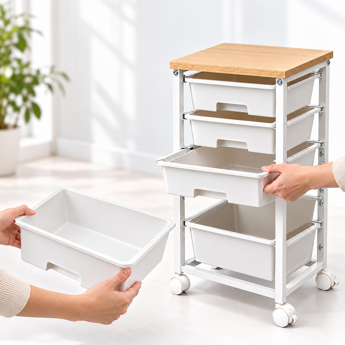ROLLWAGEN Weiß 5-Schubladen Kunststoff Tischplatte Holzoptik 77 cm - Weiß, Holzwerkstoff/Kunststoff (38.5/77/28.5cm) - Relaxdays