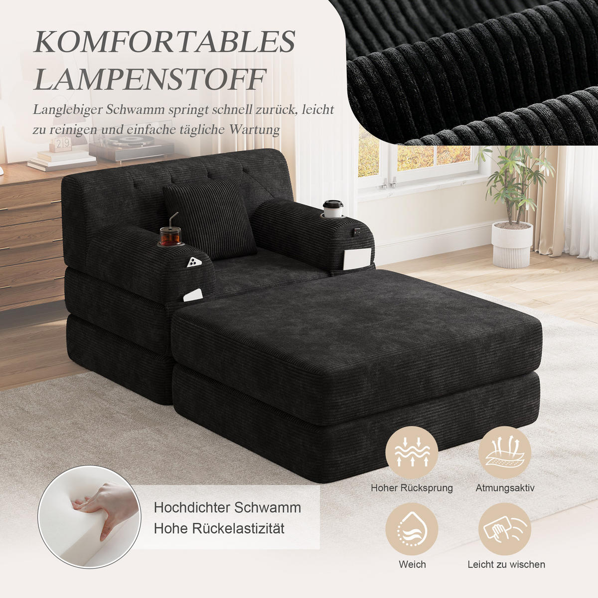 SCHLAFSOFA mit Hocker und Liegefunktion aus Cord mit Getränkehaltern - Schwarz, Textil (191/60/162cm) - EVRYAE