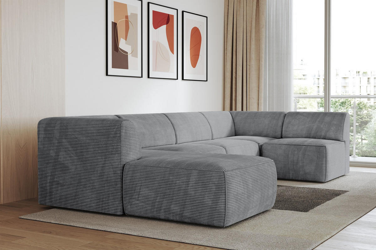 WOHNLANDSCHAFT Ottomane Links MOVA 345x180x78 Dunkelgrau Cord - Dunkelgrau/Anthrazit, Holzwerkstoff/Kunststoff (180/78/345cm) - ALTDECOR