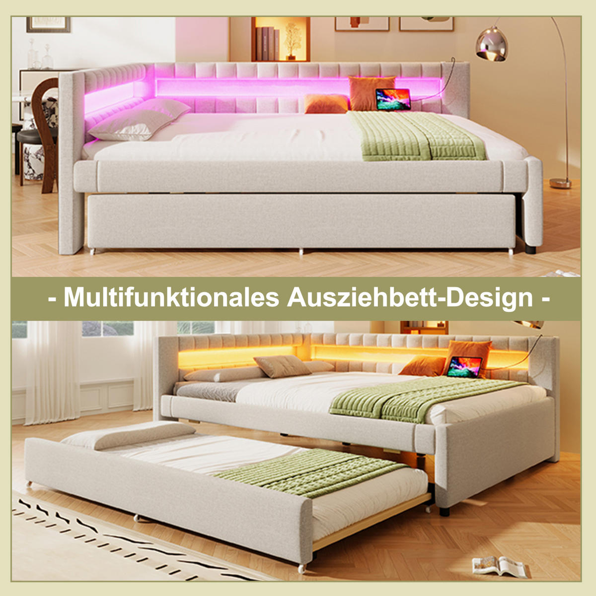 POLSTERBETT 140/200 cm mit Ausziehbett, LED-Beleuchtung, USB- und Type-C-Anschluss, Leinenbezug, Beige - Beige, Textil (140/200cm) - Redom
