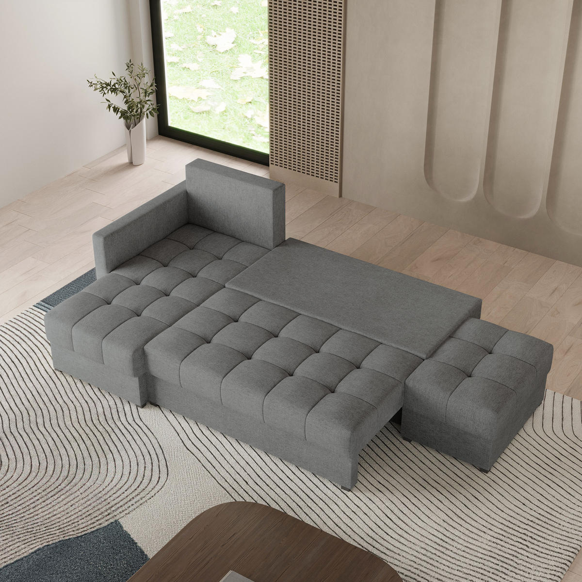 ECKSOFA LUMARI L-S Grau Plüsch-Stoff mit Schlaffunktion - Grau, Holz (262/143cm) - MASSENO