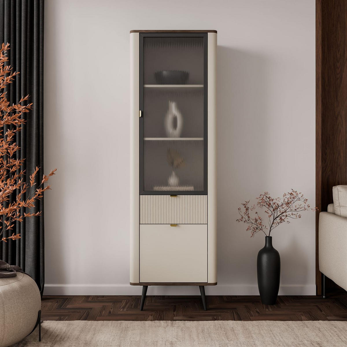 VITRINE schmal AUTUMN 1D1S1W mit Schublade, Kaschmir / Nussbaum - Beige, Holzwerkstoff (60/191/40cm) - Lookway