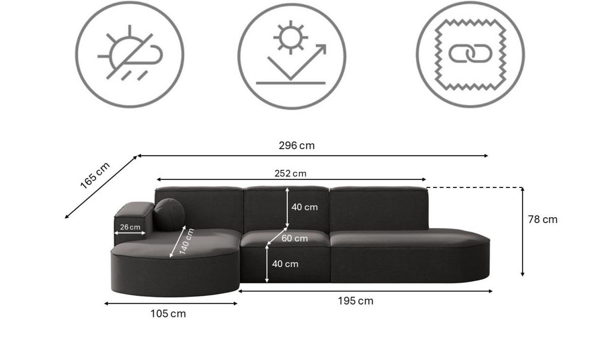 GARTENECKSOFA L-Form Garten Modena L Patio Grau Links - Grau, Holz/Textil (165/78/296cm) - Kaiser Möbel