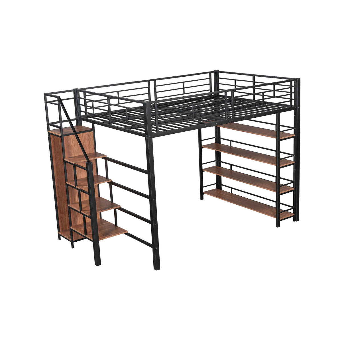 HOCHBETT 140/200 cm schwarz mit Stauraumtreppe und hohem Zaun - Schwarz, Metall (140/200cm) - OKWISH