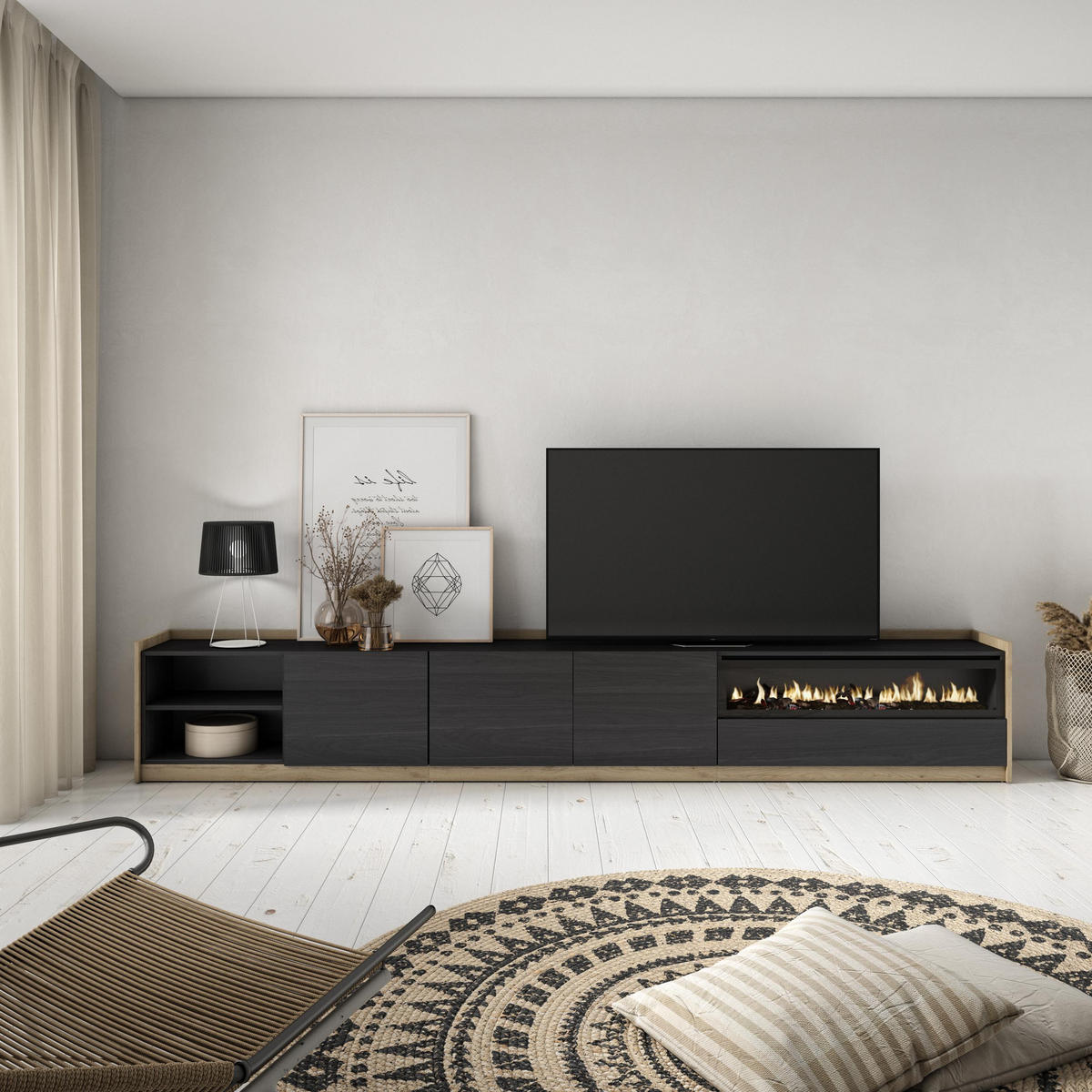 TV-SCHRANK, Lowboard, Schwarz Eiche, Elektrokamin, 310/37/50cm - Schwarz, Holzwerkstoff (310/50/37cm) - Skraut Home