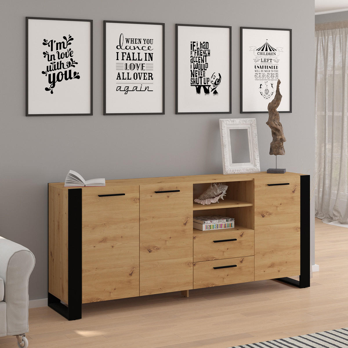 SIDEBOARD Nouka Holz und Schwarz - Schwarz, Holzwerkstoff (197/87/45cm) - Petits-meubles