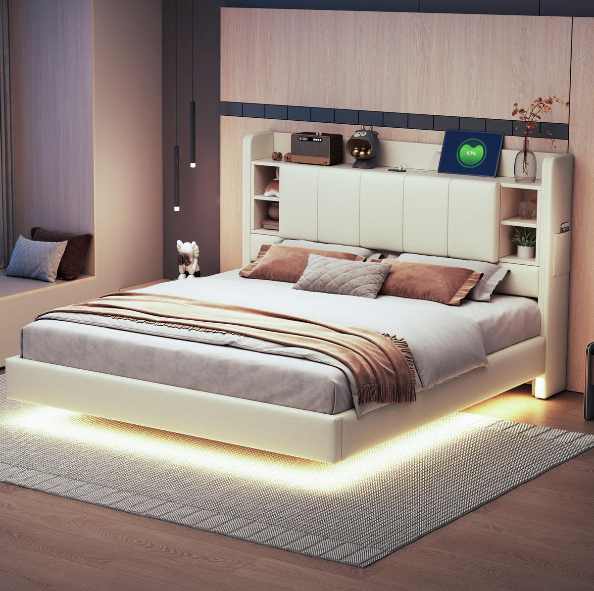 POLSTERBETT aus Leinenstoff 160x200 cm Beige mit LED-Lichtleiste, USB-Anschluss und Stauraum - Beige, Textil (160/200cm) - IVMEU