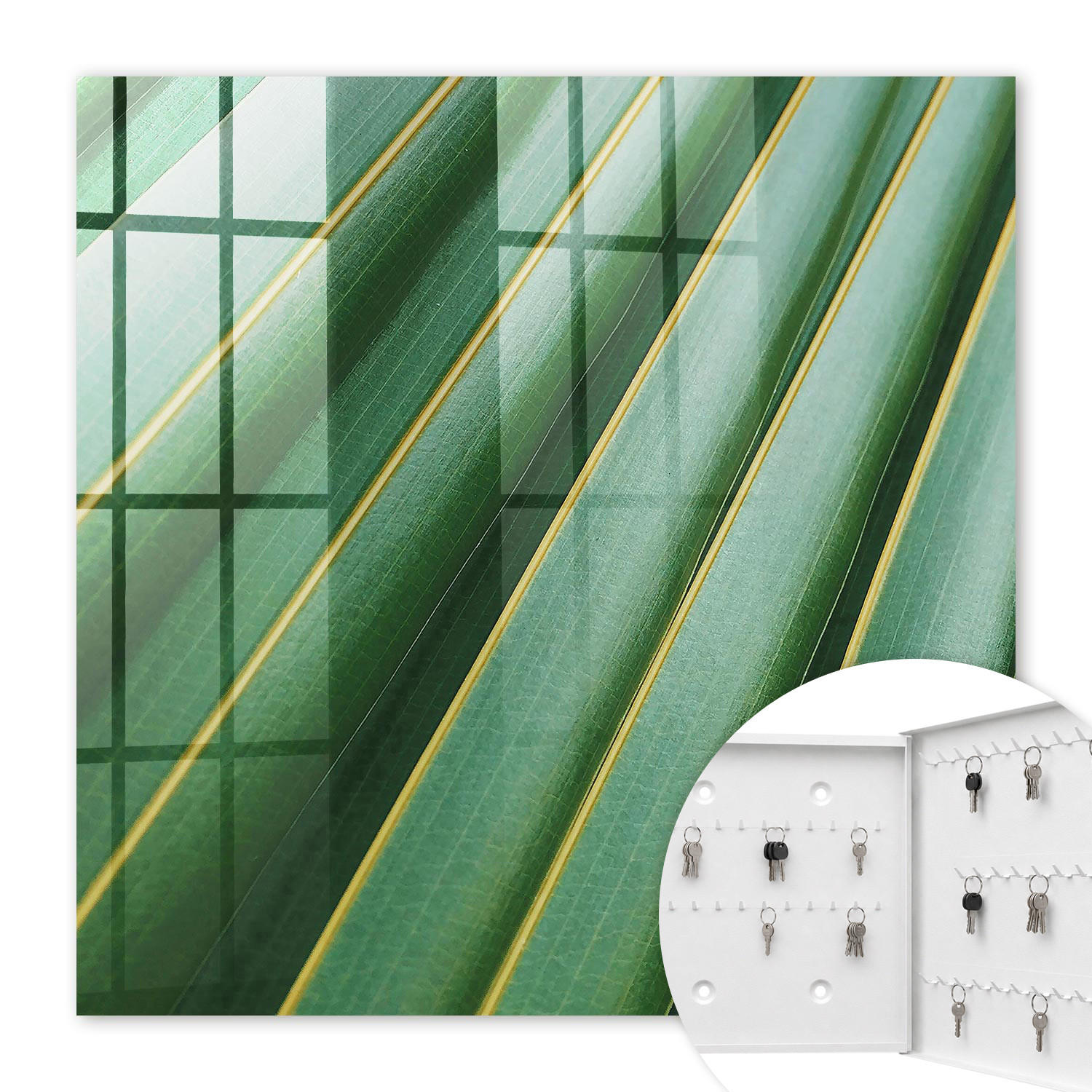 SCHLÜSSELBOX Weiß 30x30 cm – Türöffnung nach rechts - Blattmuster - Grün, Metall (30/30/5cm) - TULUP