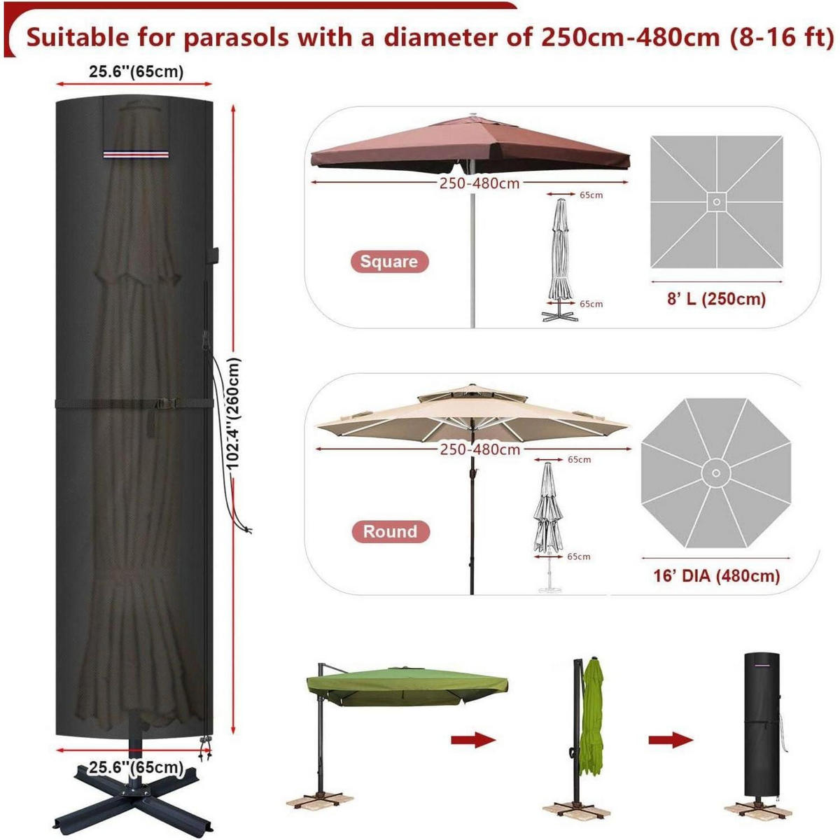AMPELSCHIRM Schutzhülle Wasserdicht 260 cm - Schwarz, Kunststoff (1/1/1cm)