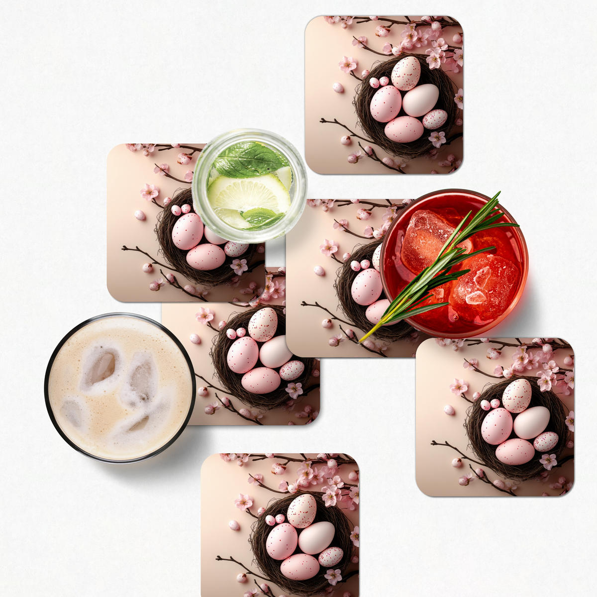 GLASUNTERSETZER 6er-Set Rosa - Blüten - Eier 10x10 cm - Hellrosa, Naturmaterialien (10/0.2cm) - MuchoWow