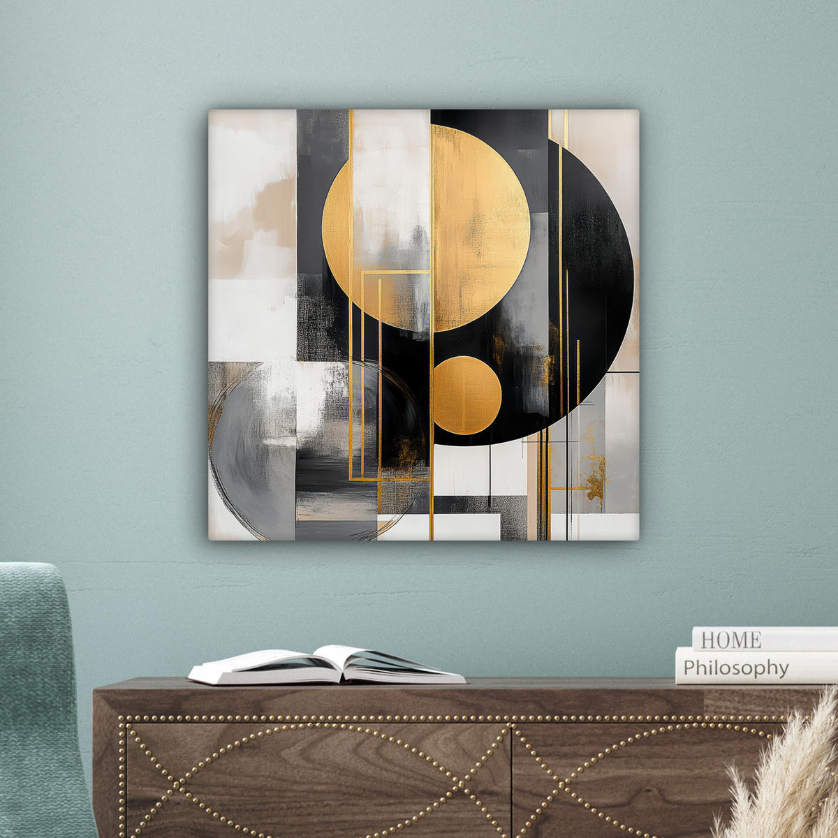 LEINWANDBILD Abstrakt - Gold - Silber - Formen - Ästhetisch - Modern Wandbild Wohnzimmer 50x50 cm - Goldfarben, Textil (50/50cm) - MuchoWow