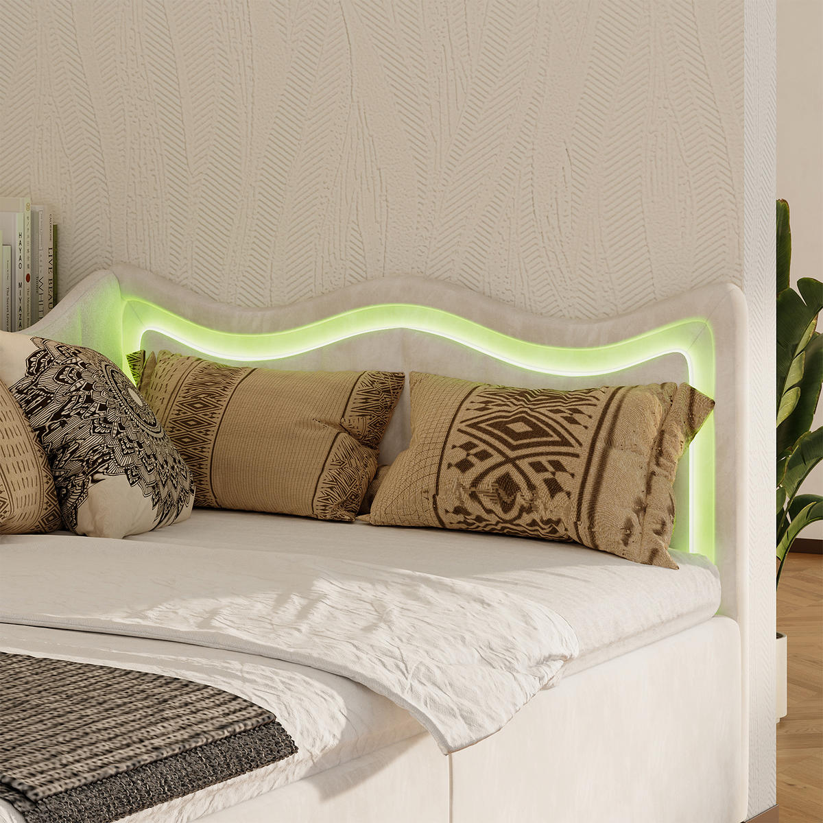 POLSTERBETT 90x200 cm LED Stauraum Kopfteil Samt beige - Beige, Holz (90/200cm) - LEBENLANG