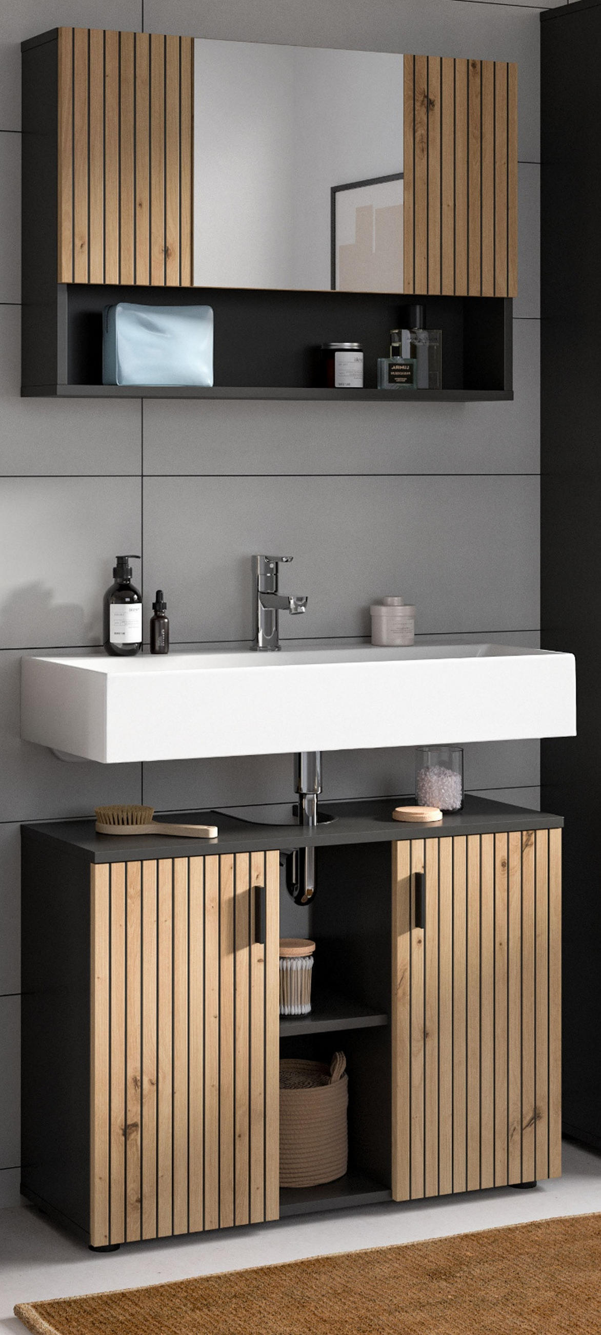 BADMÖBEL-SET Eiche Artisan, grau 2-teilig 80 cm, Badkombination mit Rillen-Optik - Schwarz/Eiche Artisan, Glas/Holzwerkstoff (80/180/30cm) - Inn.Furn