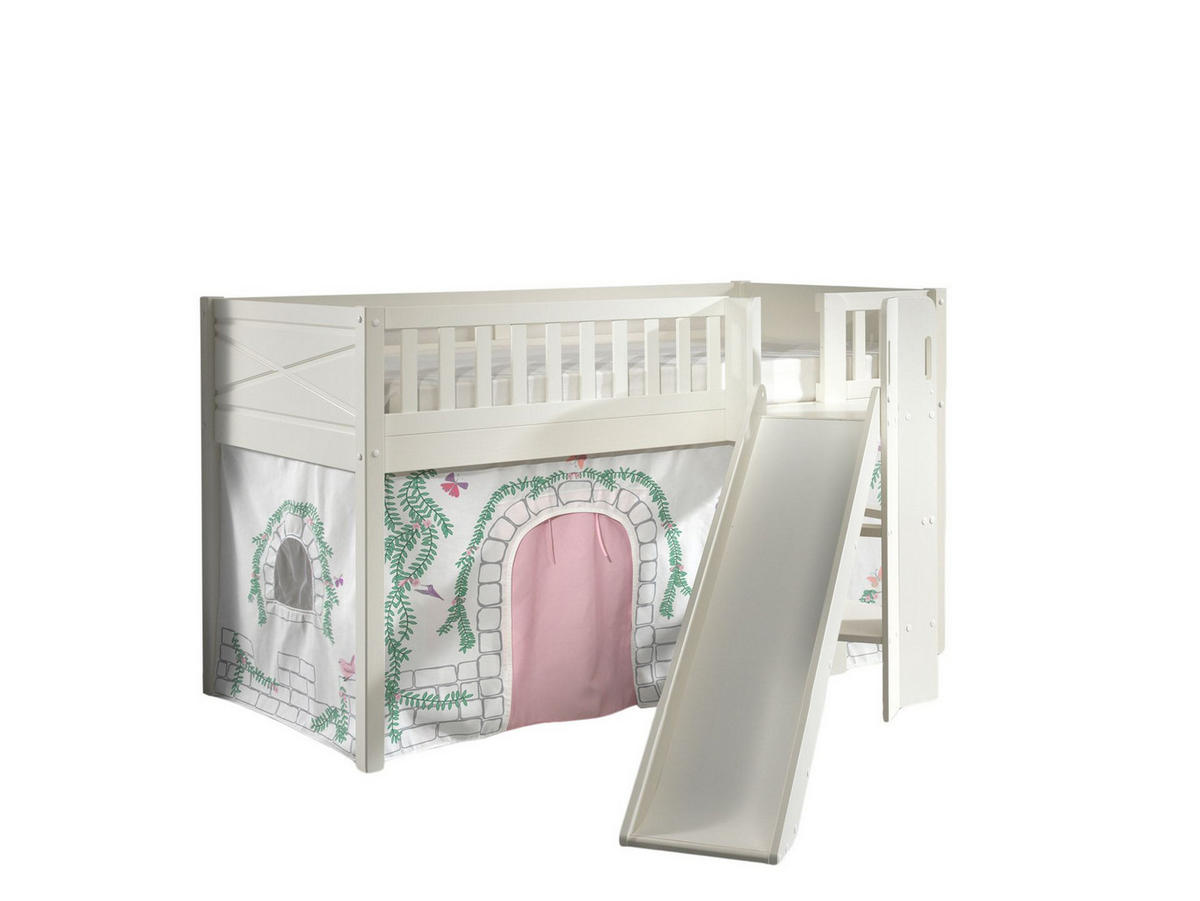 HOCHBETT mit Rutsche Karyl Massivholz Weiß Textilset Birdy 1 - Hellgrau/Weiß, Holz (90/200cm) - 58aufmkessel