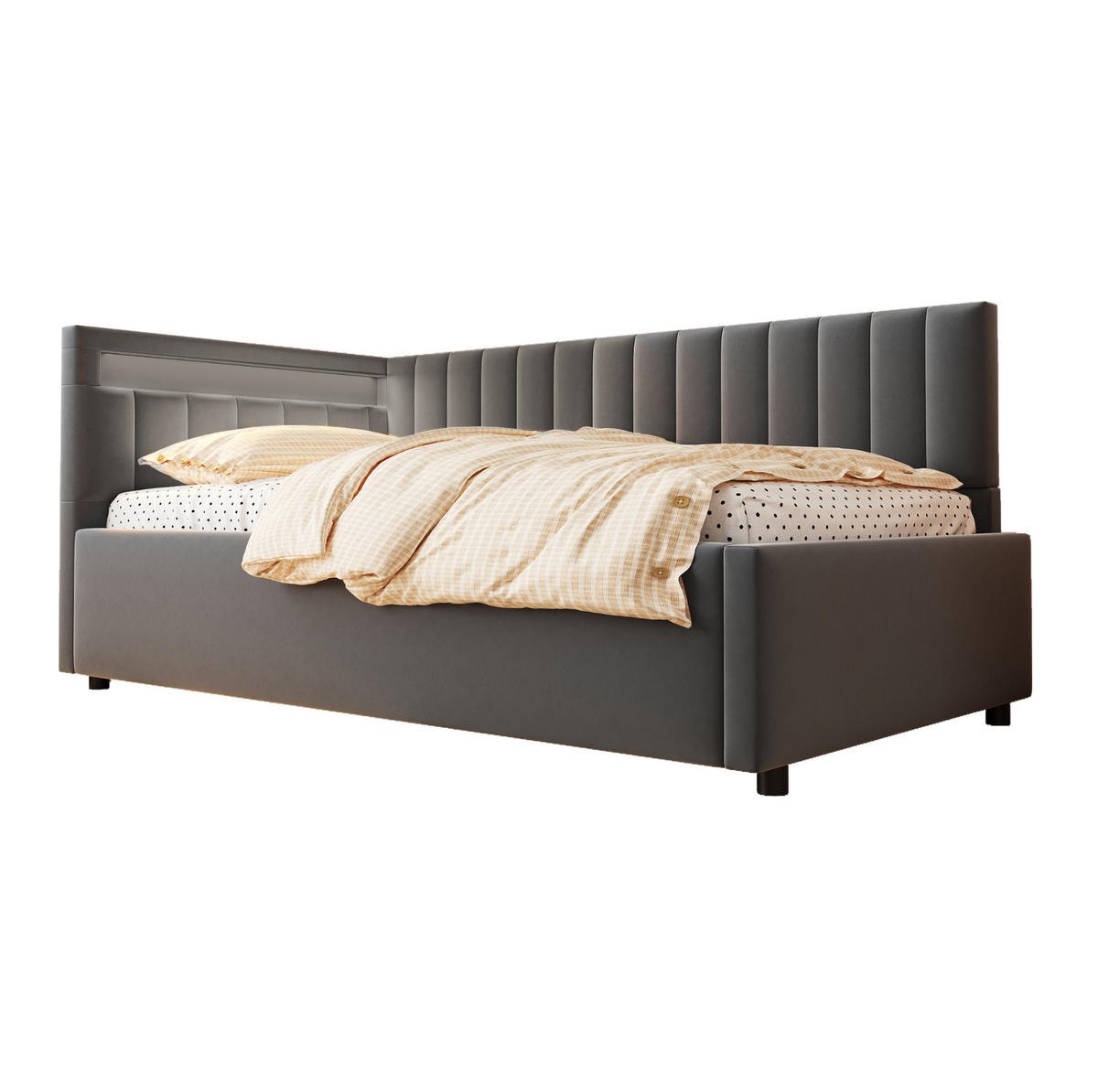 POLSTERBETT Schlafsofa 90/200 cm mit LED-Beleuchtung, hydraulischem Stauraum und Samtbezug, Grau - Grau, Textil (90/200cm) - Redom