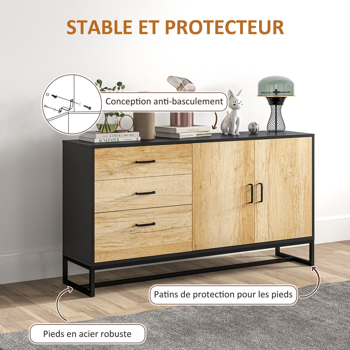 SIDEBOARD DE-11119 3 Schubladen & verstellbarer Boden Weiß - Naturfarben, Holzwerkstoff (140/75/35cm) - ComfortXL