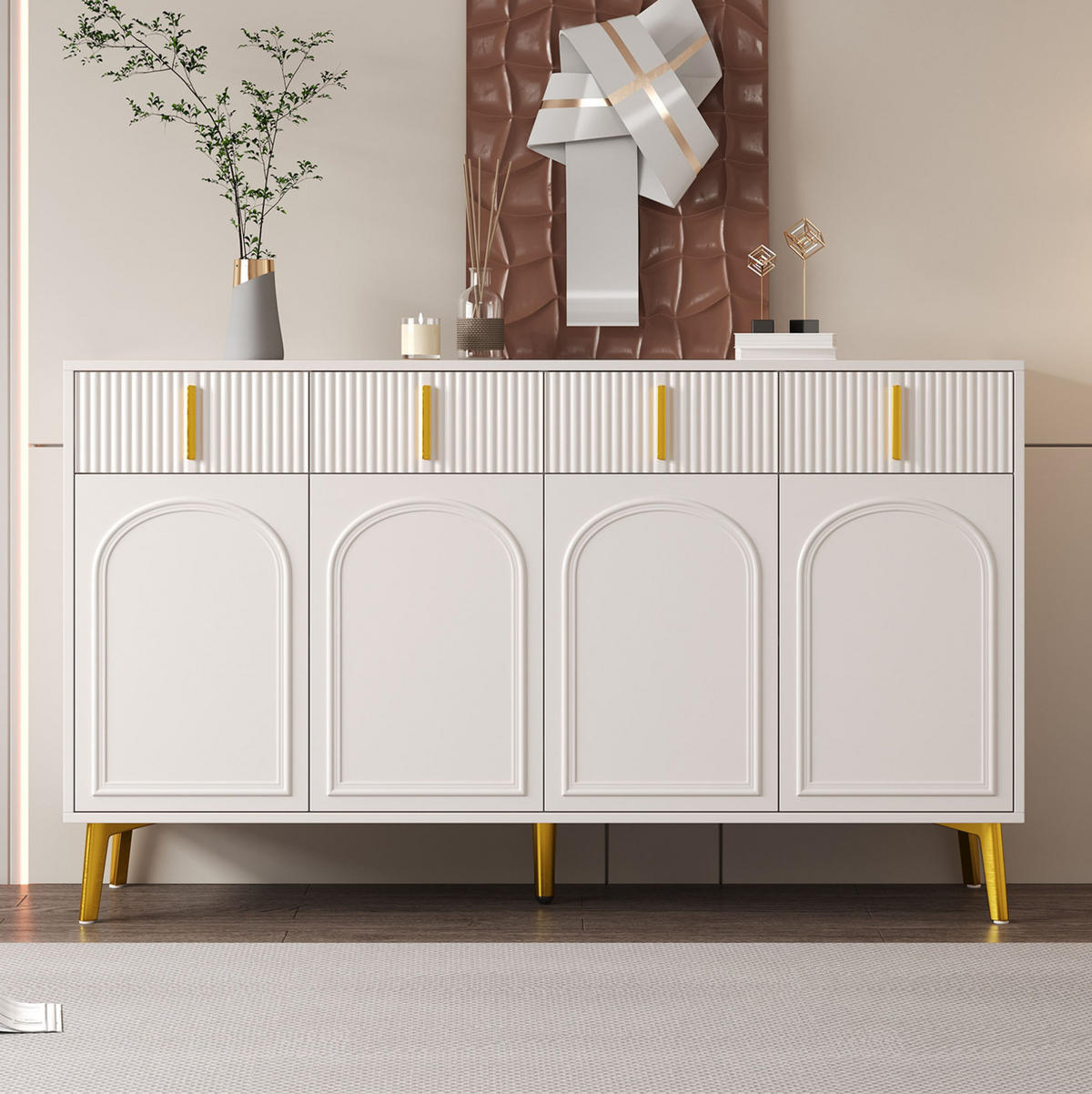 SIDEBOARD aus weißem MDF mit Melamin, 4 Türen und 4 Schubladen, goldene Griffe und Beine, 140/38/82 cm, Weiß - Weiß, Holzwerkstoff (140/82/38cm) - Redom