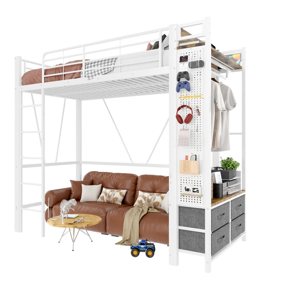 HOCHBETT 90/200 cm mit LED-Beleuchtung, USB-C, Steckdose, Kleiderstange und 4 Schubladen, Metall/MDF, Weiß - Weiß, Metall (90/200cm) - Redom