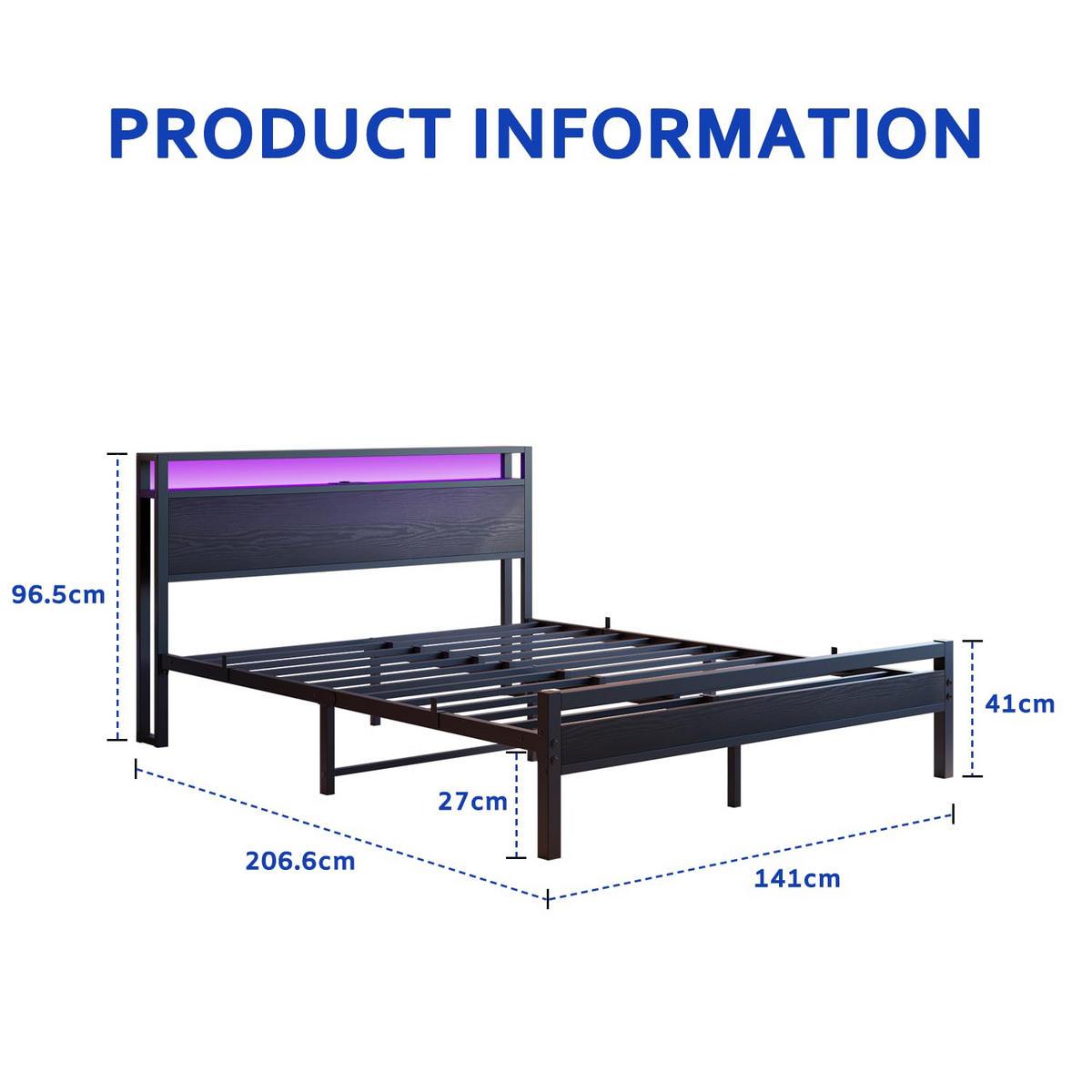 BETT 140/190 cm DE-33031 mit USB und LED-Beleuchtung Schwarz - Schwarz, Metall (140/190cm) - ComfortXL